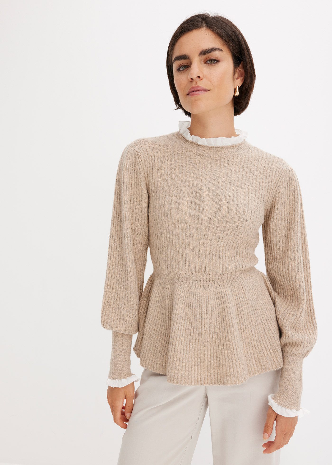 bonprix Strickpullover mit Blusen-Einsatz, Ballonärmel mit breitem Bündchen, tailliert