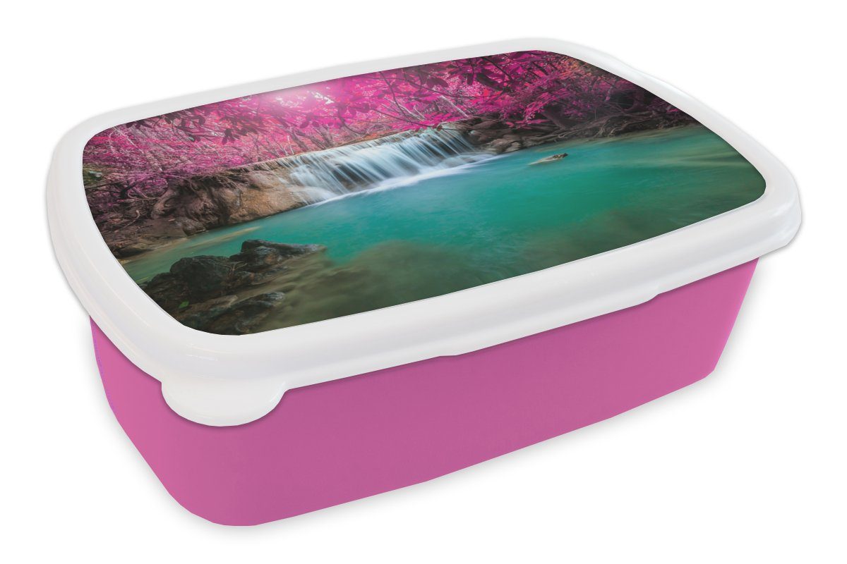 MuchoWow Lunchbox Wasserfall - Baum - Rosa - Natur, Kunststoff, (2-tlg), Brotbox für Erwachsene, Brotdose Kinder, Snackbox, Mädchen, Kunststoff