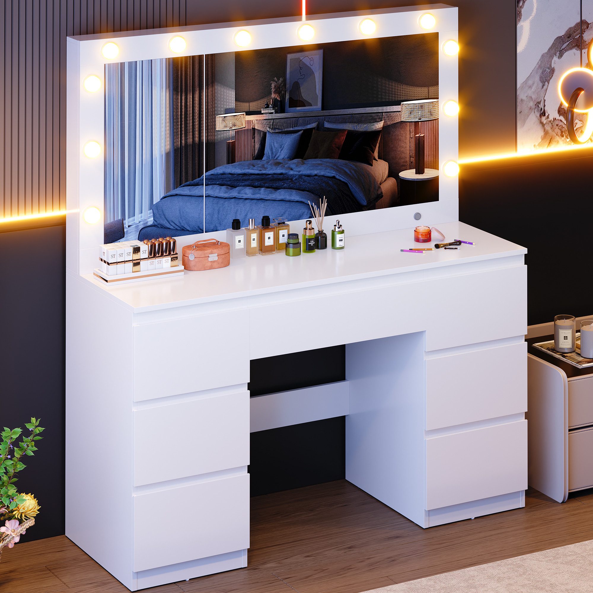 Furnicopia Schminktisch mit 7 Schubladen mit 2 Steckdosen 1 USB-Anschluss 1 Tycp-Anschluss (Größe 120*40*140cm Großer Spiegel 106cm Eingebautes Schmuckkabinett LED-Lichter Einstellbare Farbtemperatur und Helligkeit-ostern geschenke)