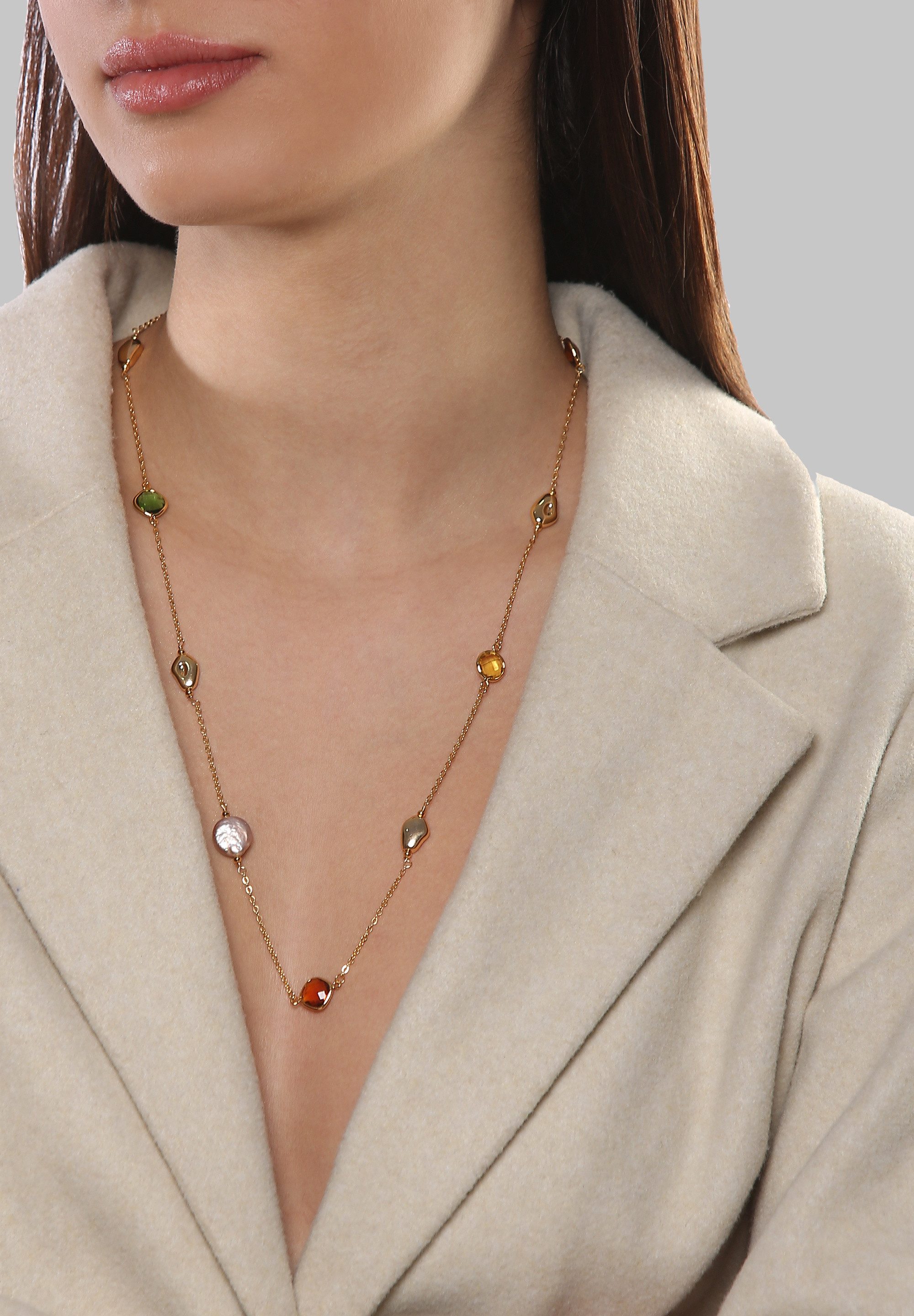 MISH Kette ohne Anhänger Margaret, Goldfarbene Kette, mehrfarbige Steine