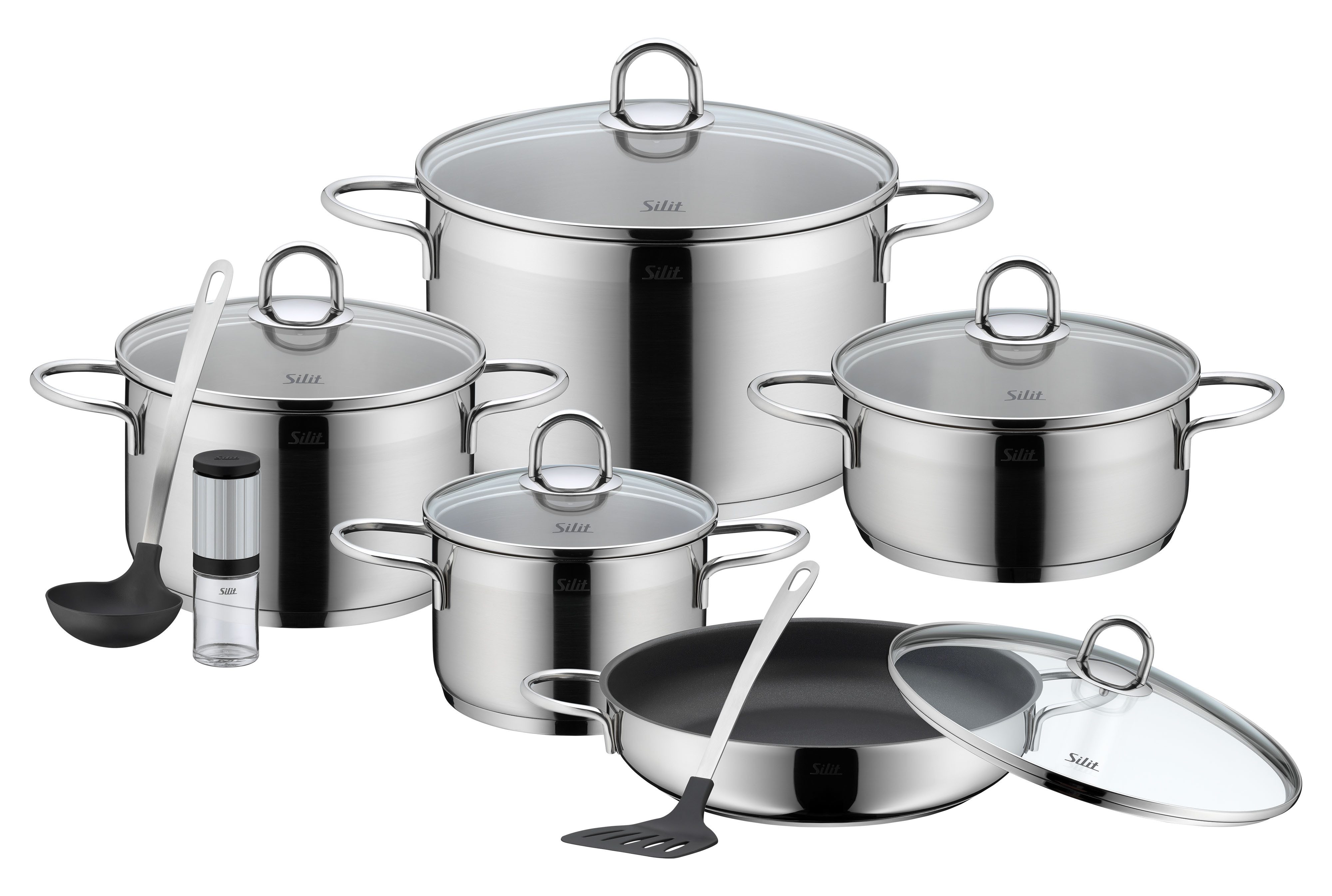 Silit Topf-Set Diamant, Edelstahl 18/10 (Set, 13-tlg., inkl. Schöpflöffel, Pfannenwender und Gewürzmühle), Silitherm-Allherdboden, induktionsgeeignet, spülmaschinengeeignet