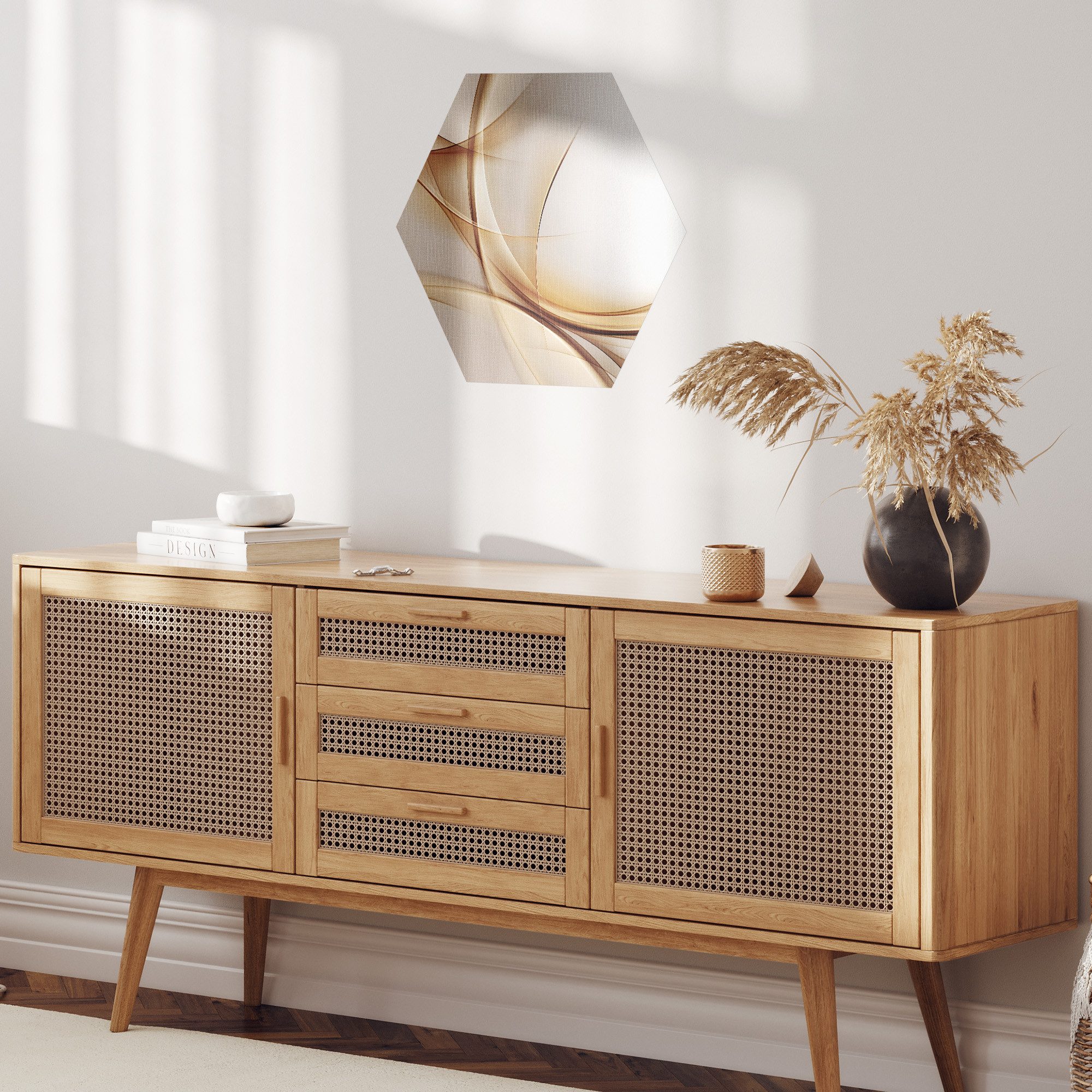 DEQORI Fototapete 'Elegante Goldene Wellen', Sechseckig, matte Leinwandstruktur, bedruckt, (1 St), selbstklebend Wandtattoo Motiv Wandtapete Wand Sticker Bild Tapete