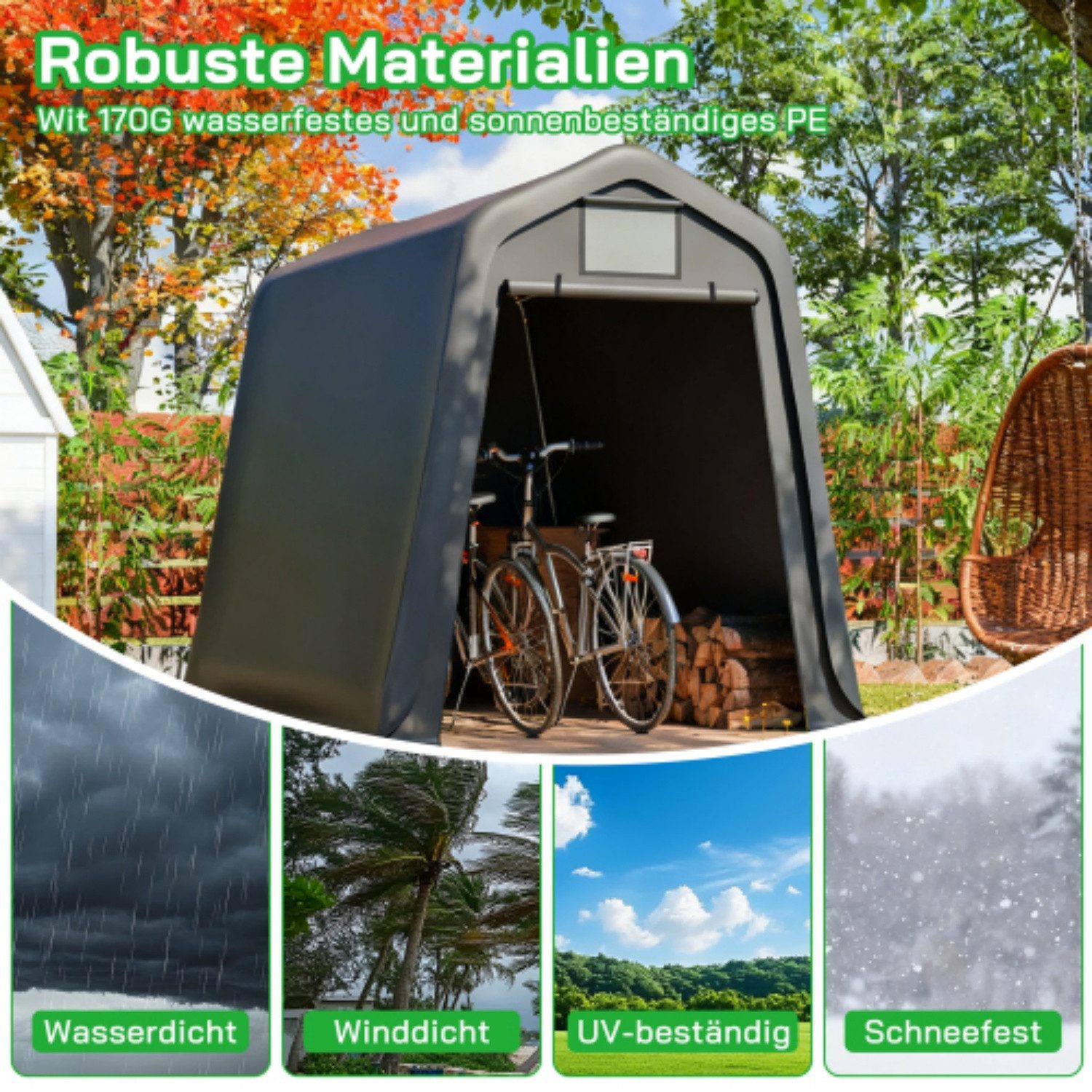 ANYSUN Gartenhaus Geräteschuppen 245×183×217 cm mit Rolltor, PE-Plane & Stahlrahmen, (Einzelartikel, 1 Geräteschuppen), PE-Plane, UV-beständig, Metallrahmen, Belüftungsfenster, Bodenanker