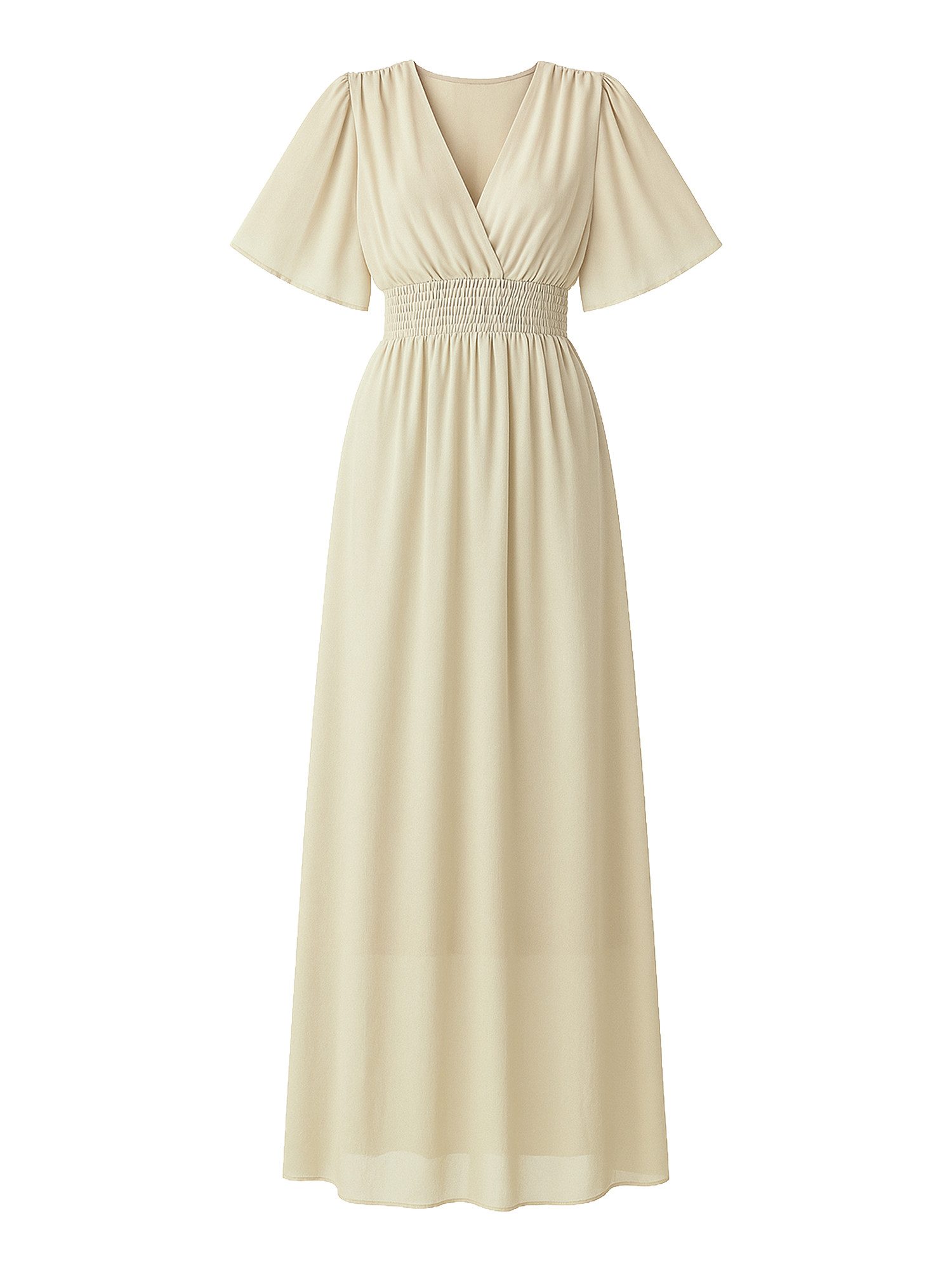 Elara Maxikleid — Damen Sommerkleid mit Wickeloptik, Smoktaille & Flügelärmeln (1-tlg) – Bild 5 von 5