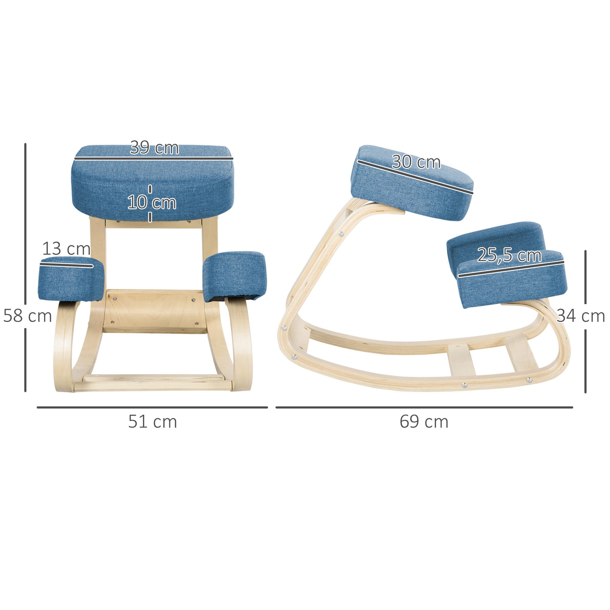 Vinsetto Stuhl Kniehocker Gesundheitsstuhl für Zuhause, Büro, Blau (Gesundheitsstuhl, 1 St), Ergonomischer Kniestuhl aus Birke, Sitzhöhe verstellbar