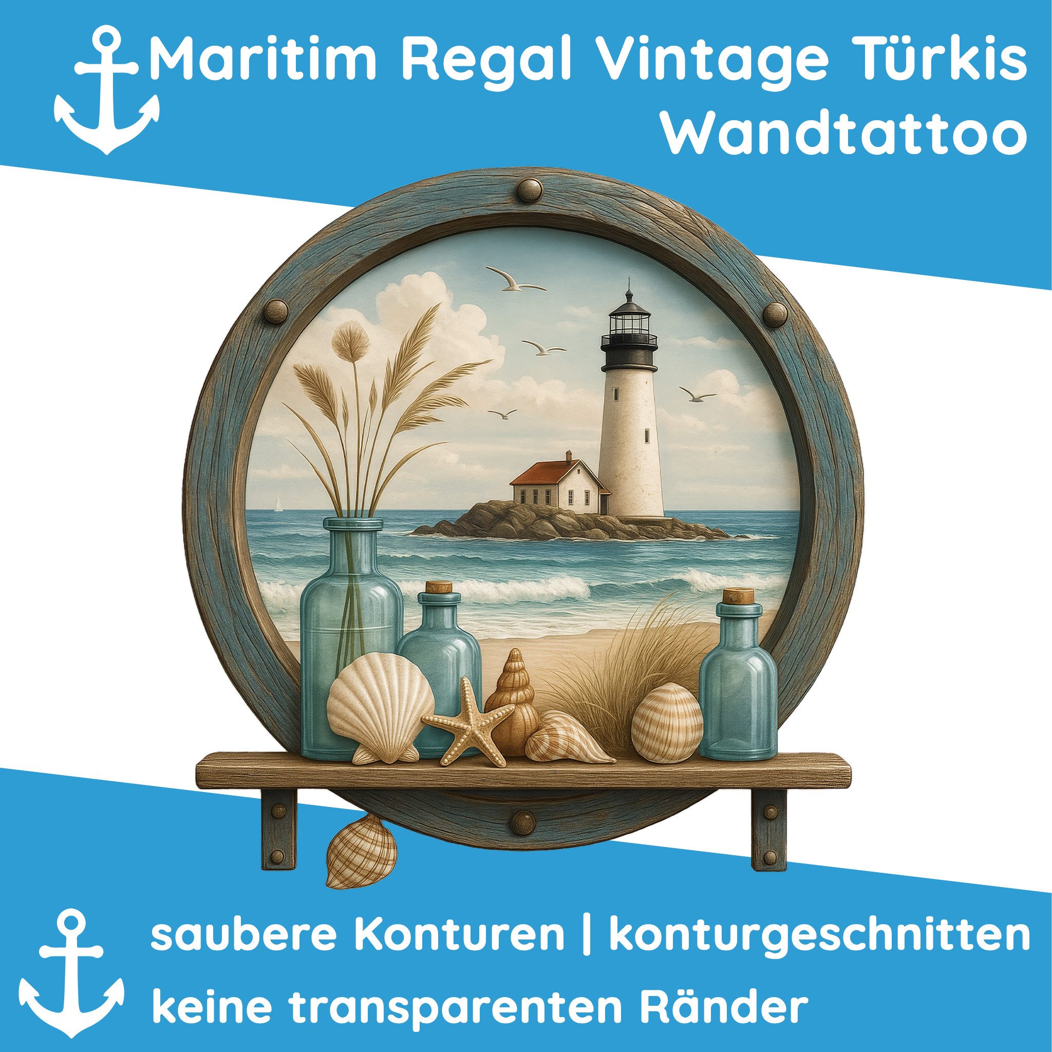Sunnywall Wandtattoo Aufkleber Maritim Bullauge blau türkis mit Leuchtturm & Muscheldeko, selbstklebend, konturgeschnitten, rückstandslos entfernbar