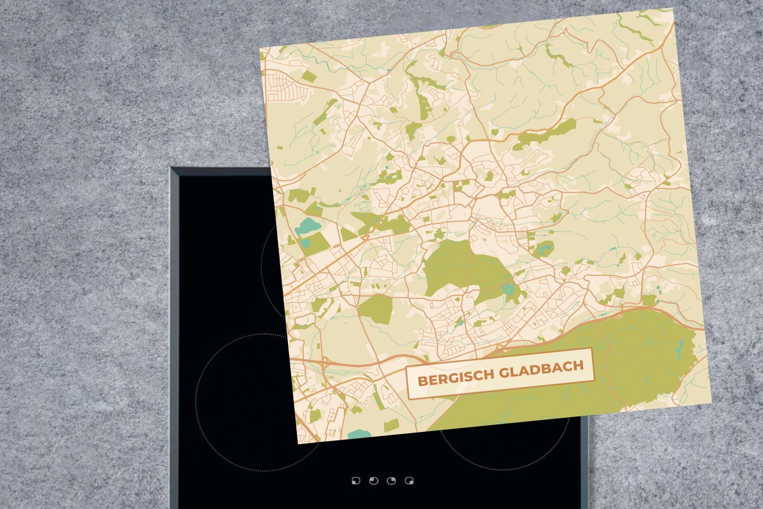 Vintage tlg), - Herdblende-/Abdeckplatte Gladbach Stadtplan, - Arbeitsplatte Bergisch Ceranfeldabdeckung, Vinyl, MuchoWow - Karte 78x78 cm, küche für (1