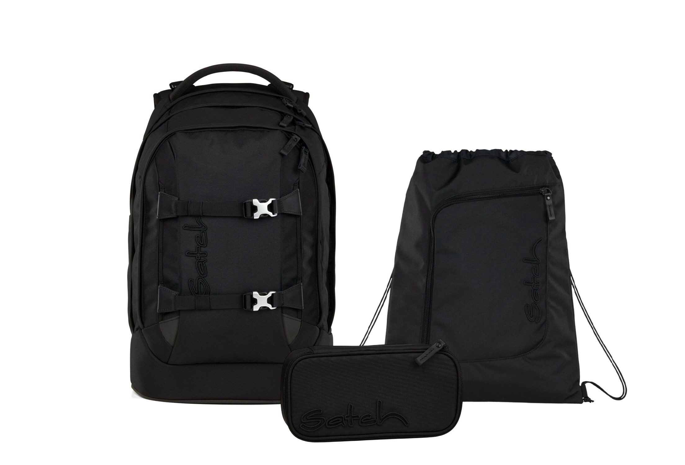 Satch Schulranzen Schulrucksack-Set PACK Nordic Black 3-teilig (3-teilig), ergonomisch, Your-Size-System: auf Körpergröße anpassbar
