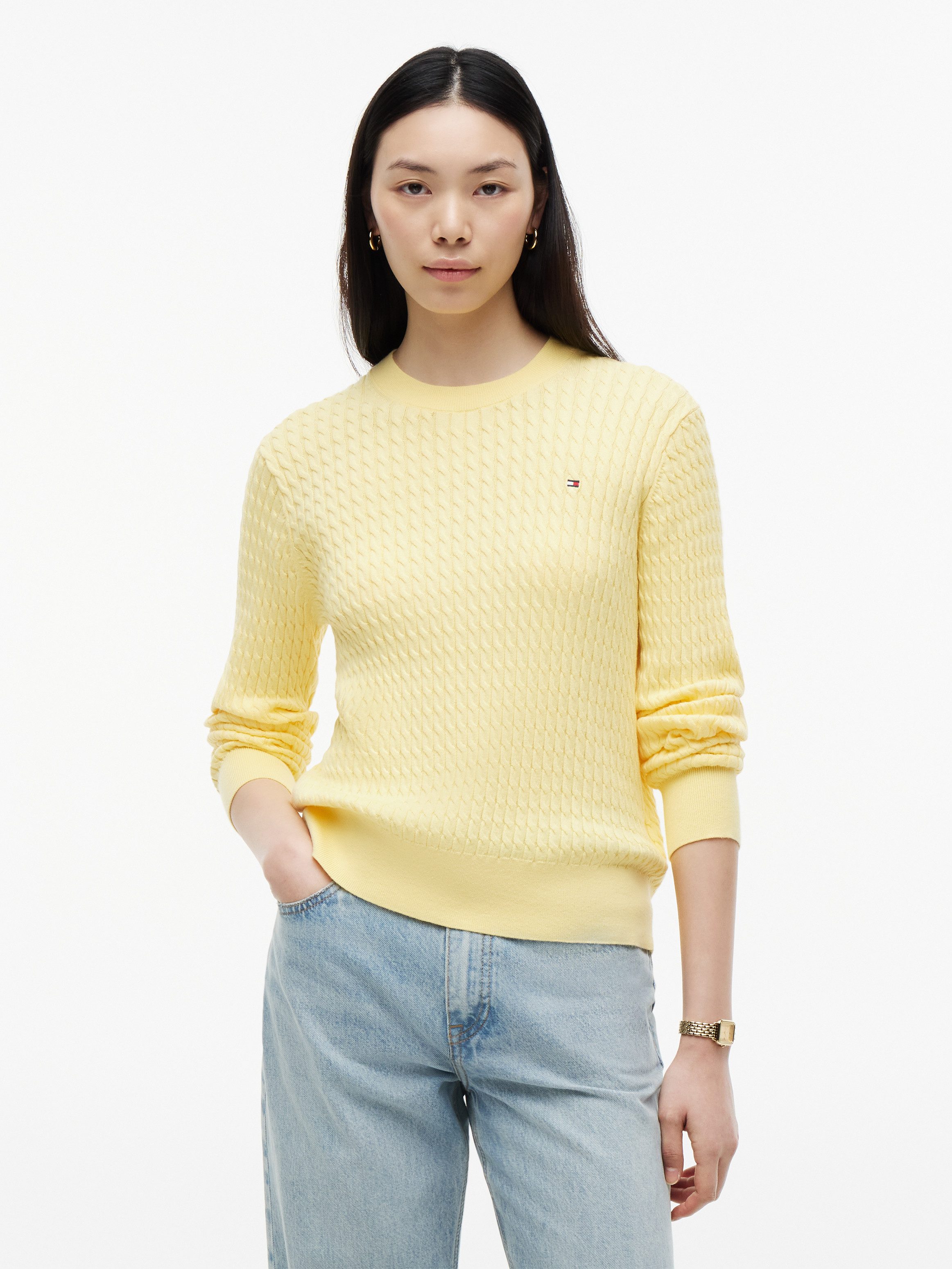 Tommy Hilfiger Rundhalspullover CO CABLE C-NK LS SWEATER Baumwolle, mit Zopfmuster, Regular Fit