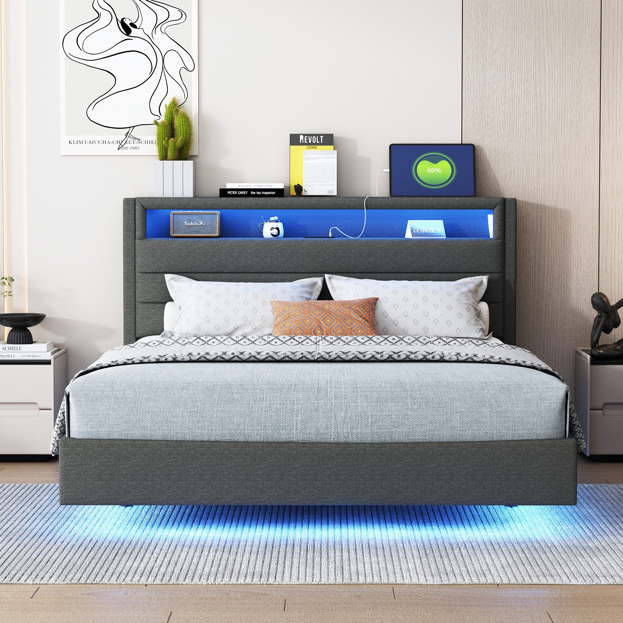 Merax Polsterbett mit LED und USB-Steckdose (1-tlg., Stauraumbett aus Leine günstig online kaufen