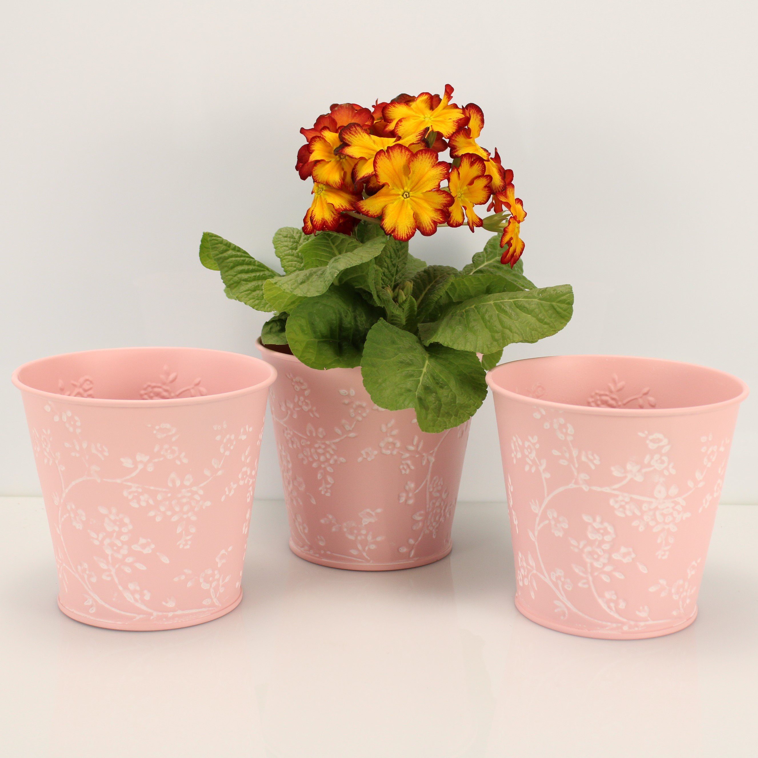 Online-Fuchs Blumentopf 3er Set Blumentöpfe aus Metall mit 3D-Blumenmuster 14 cm groß (für Blumen oder Kräuter), verschiedene Farben wählbar