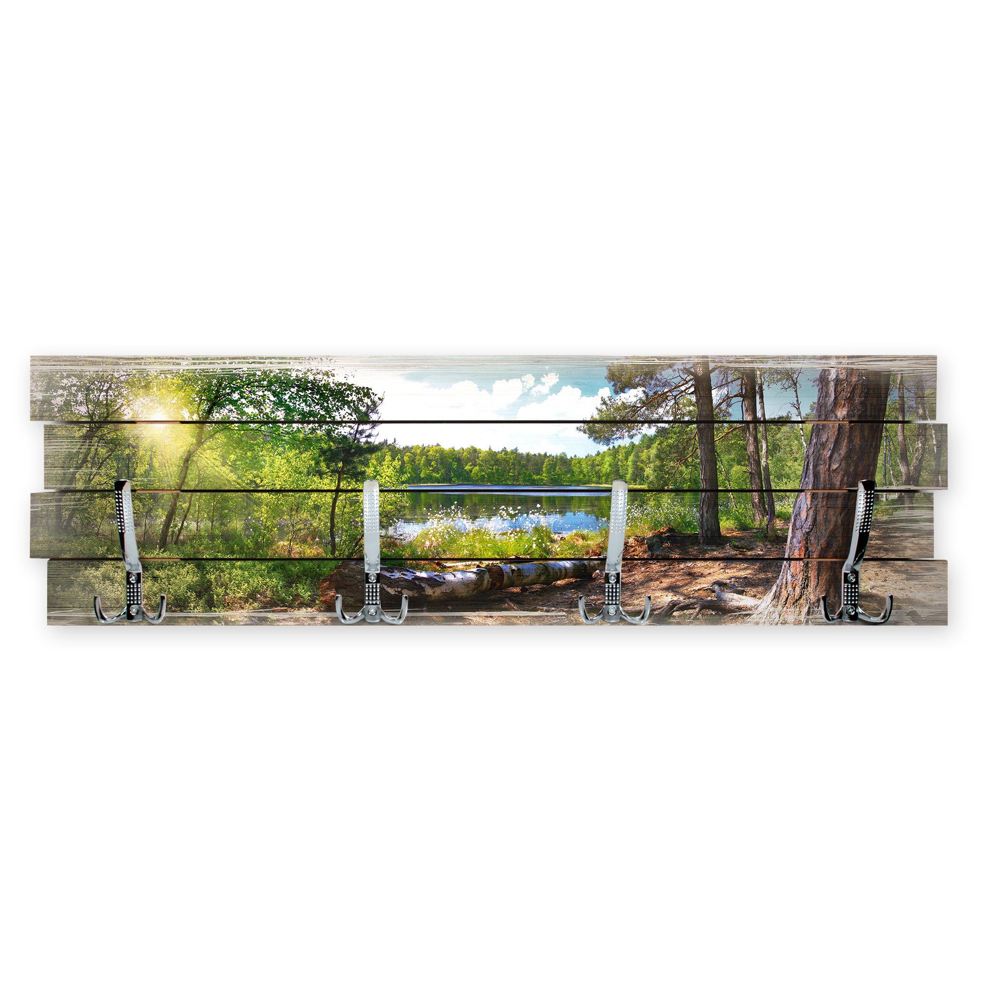 Kreative Feder Wandgarderobe Wandgarderobe "Wald See" aus Holz, im Shabby-Chic-Design farbig bedruckt ca. 30x100cm 4 Doppel-Haken von Kreative Feder