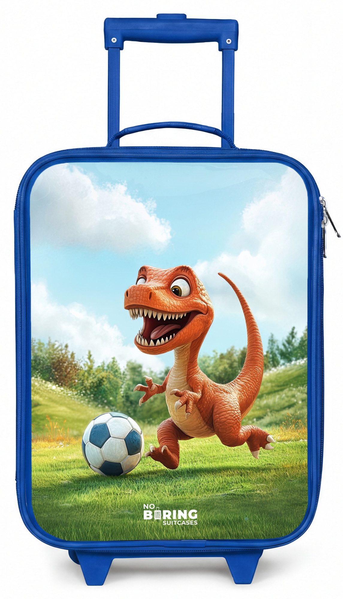 NoBoringSuitcases.com© Kinderkoffer Blau - mit leuchtende Räder - Fußball - Dino - Sport, 2 Rollen, Handgepäck Koffer, Trolley Kinder, Reisekoffer Jungen