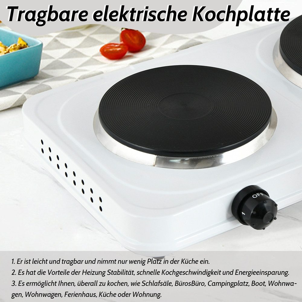 Mucola Doppelkochplatte Camping Kochfeld 2500 Watt Doppel Herdplatte elektrisch Weiß, Flamme 5-fach stufenlos regulierbar durch Drehknopf – Bild 5 von 5