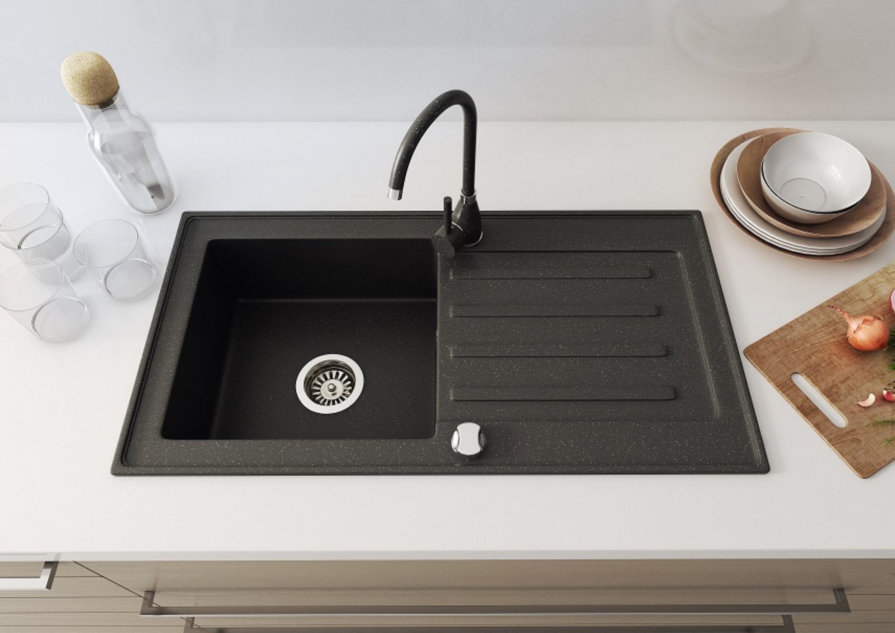 Faizee Möbel Granitspüle Granitspüle Küchenspüle mit Siphon und ausziehbar Armatur Schwarz, Eckig