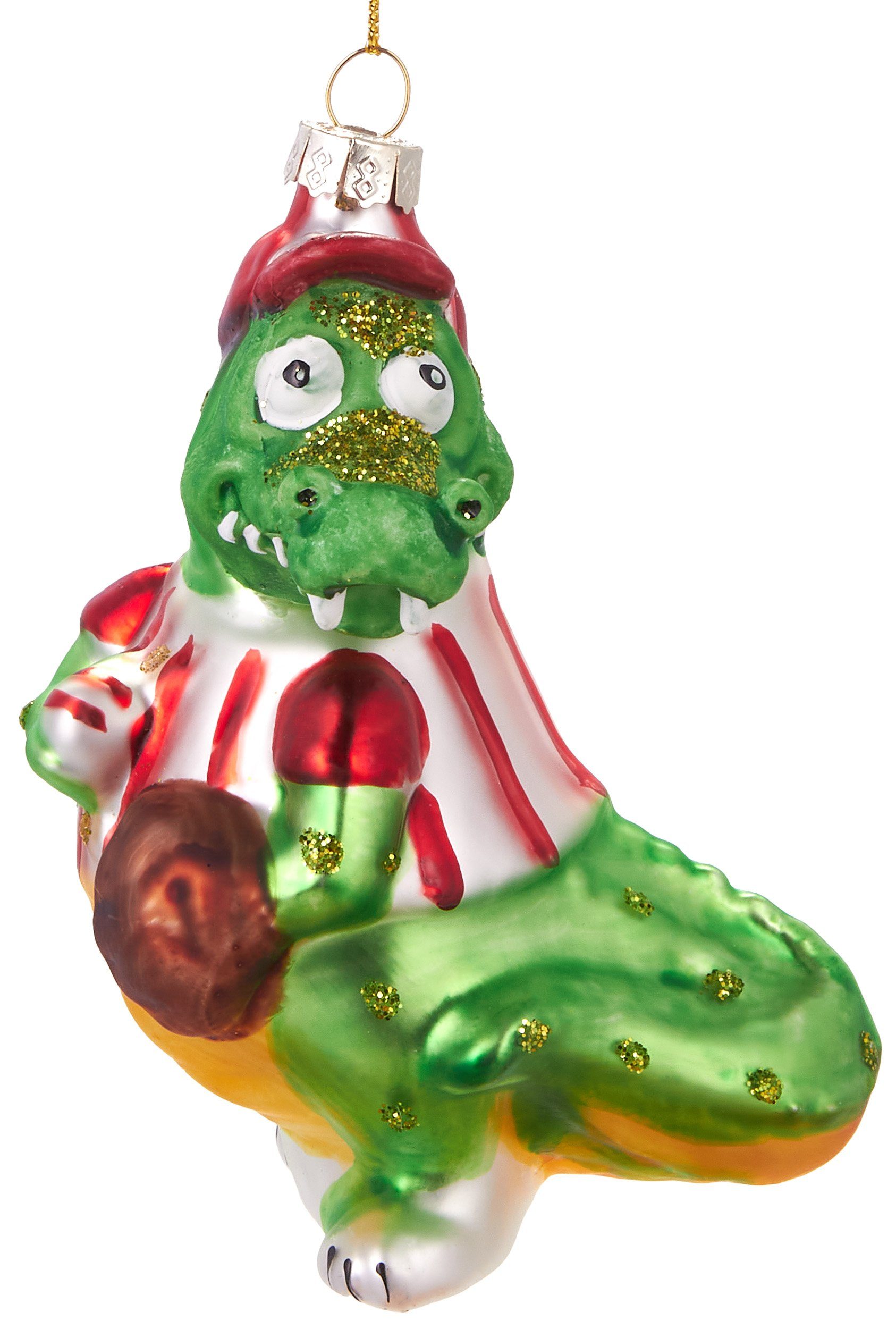 BRUBAKER Christbaumschmuck Mundgeblasene Weihnachtskugel Krokodil mit Ball, lustige Weihnachtsdekoration aus Glas, handbemalt - ca. 11.5 cm