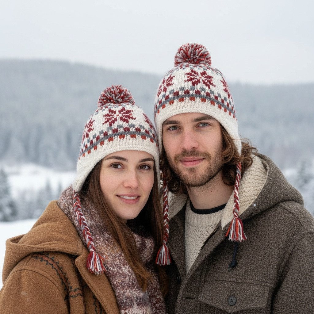 Guru-Shop Strickmütze Mütze mit Ohrenklappen und norwegischem Muster,..