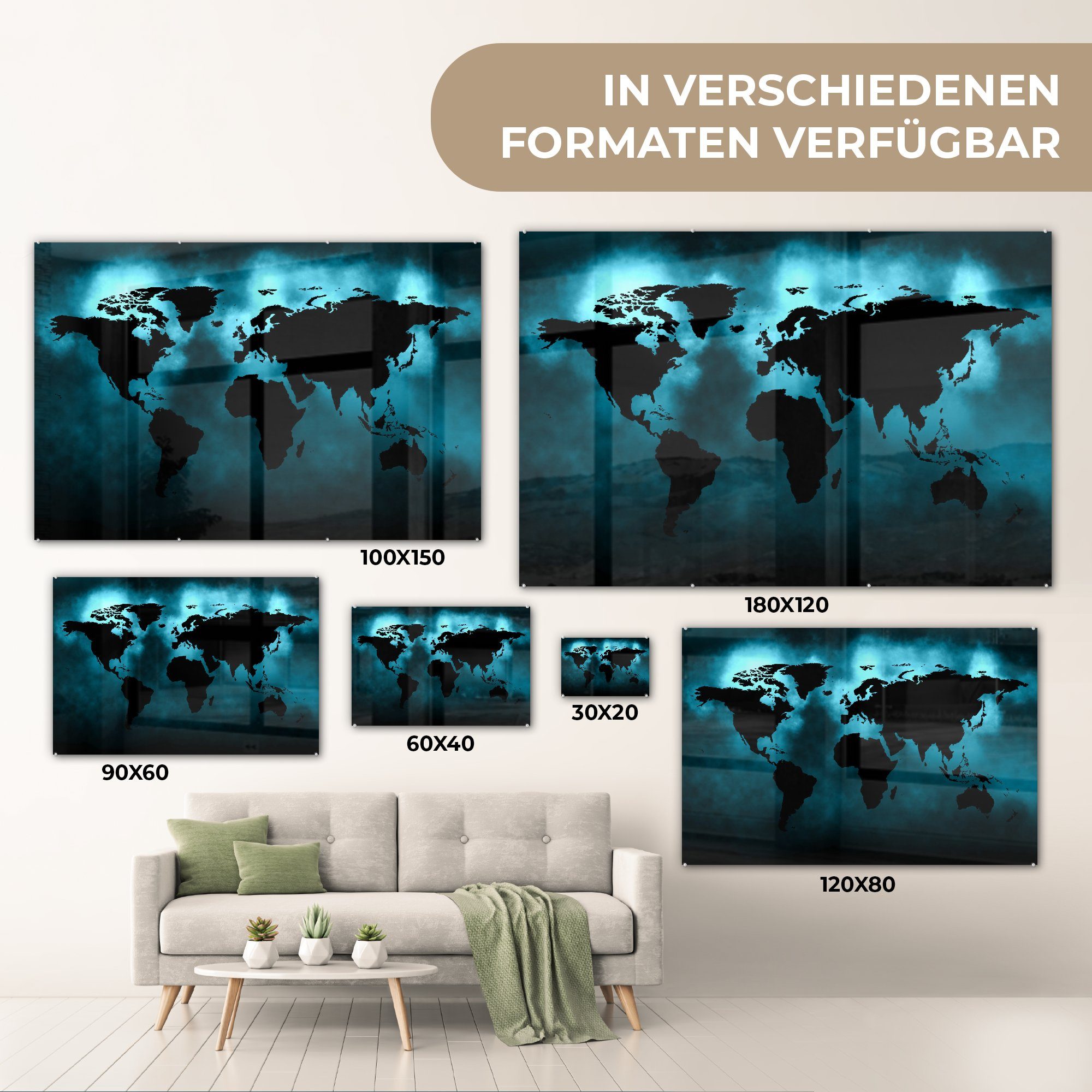 auf (1 Weltkarte - Foto Blau, auf Glas Glasbilder - Glas Acrylglasbild MuchoWow - Bilder St), Schwarz - Wandbild - Wanddekoration