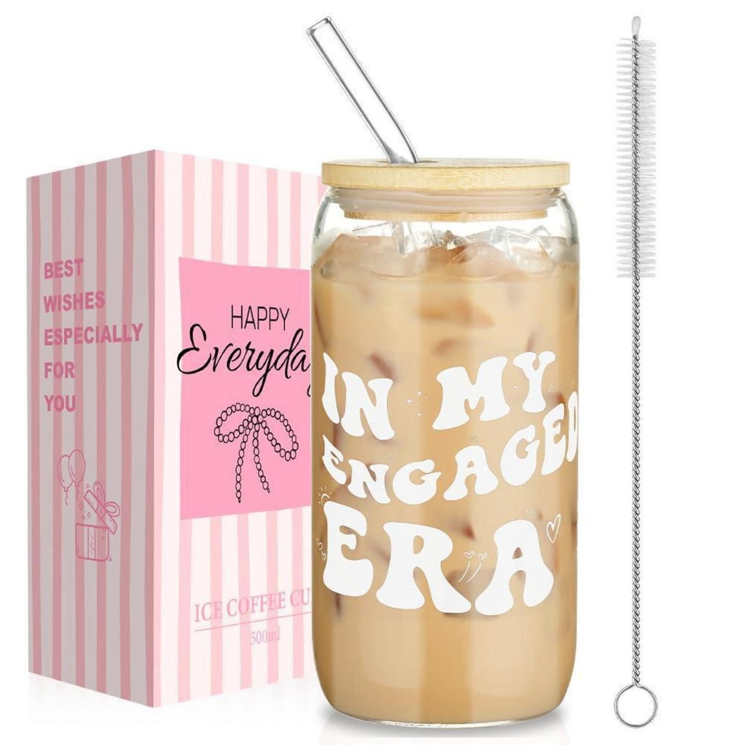 LuxusKollektion Latte-Macchiato-Glas Trinkglas mit Deckel & Strohhalm 500ml "Engaged Era"