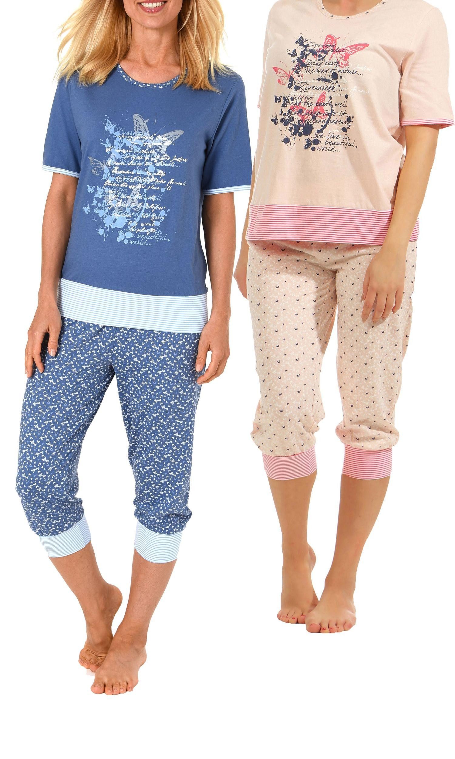 Normann Pyjama Zweierpack Damen Capri Pyjama Schlafanzüge Kurzarm mit Rundhals
