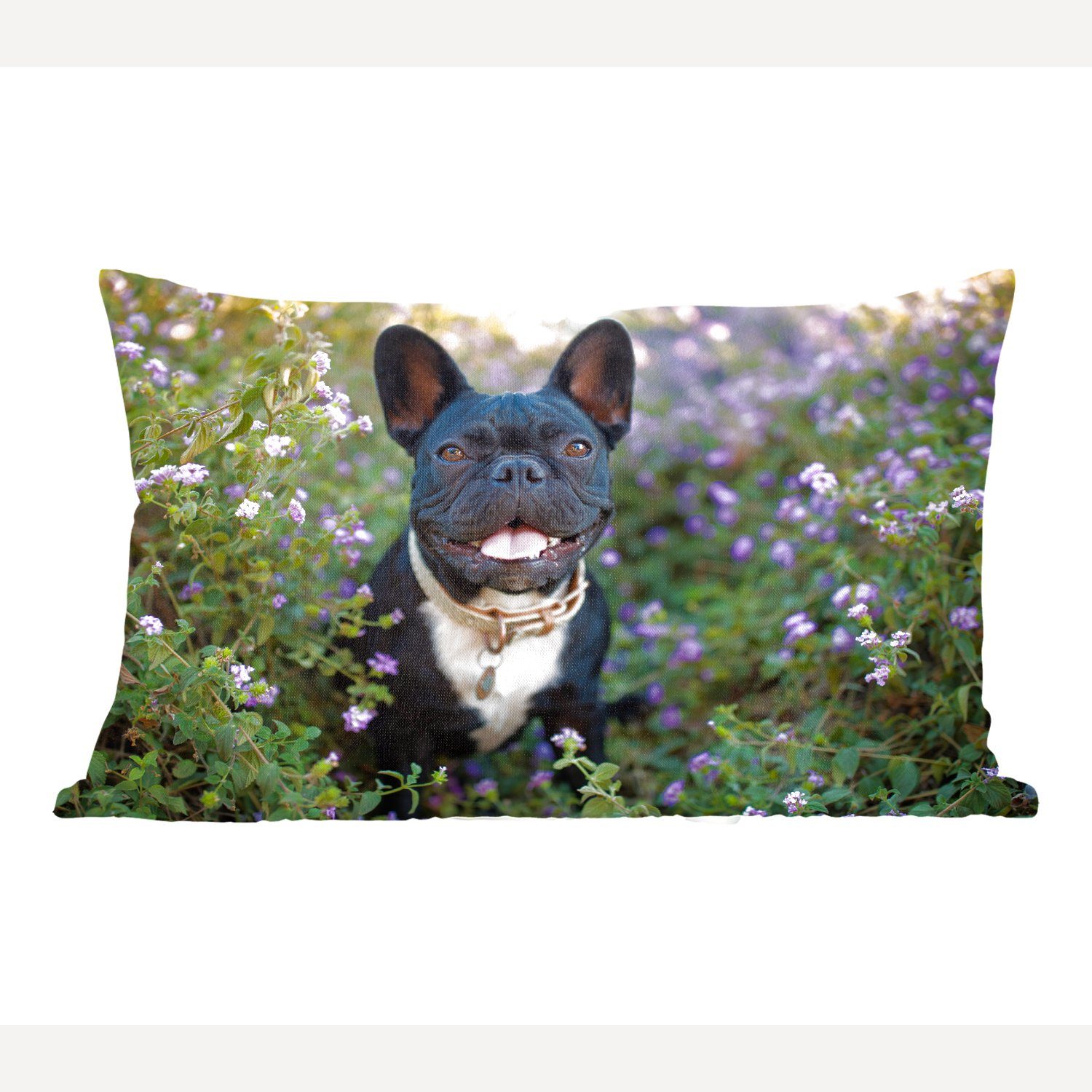 Füllung, Dekokissen Bulldogge Lila, - - Wohzimmer Französische Blumen mit MuchoWow Schlafzimmer Dekoration, Dekokissen Zierkissen,