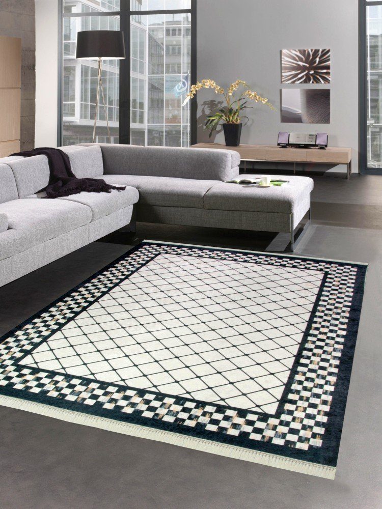 Teppich Teppich im Printdesign Teppich Wohnzimmer waschbar karo schwarz,  Carpetia, rechteckig, Höhe: 8 mm | Shaggy-Teppiche