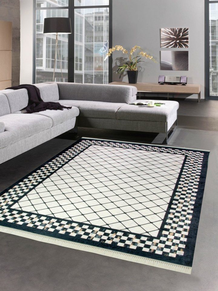 Teppich Teppich im Printdesign Teppich Wohnzimmer waschbar karo schwarz,  Carpetia, rechteckig, Höhe: 8 mm
