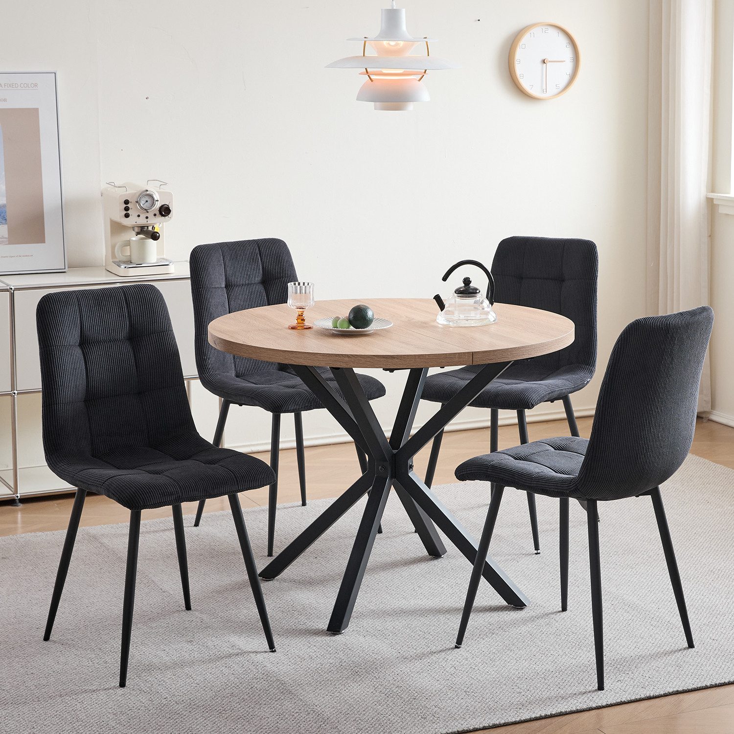 GrandCA HOME Essgruppe Tisch- und Stuhl-Set im Nordischen Stil, Essgruppe mit Stühlen, (5-tlg), Stühle aus Dutch Velvet / Cord, Metallbeine, Schwarz/Grau