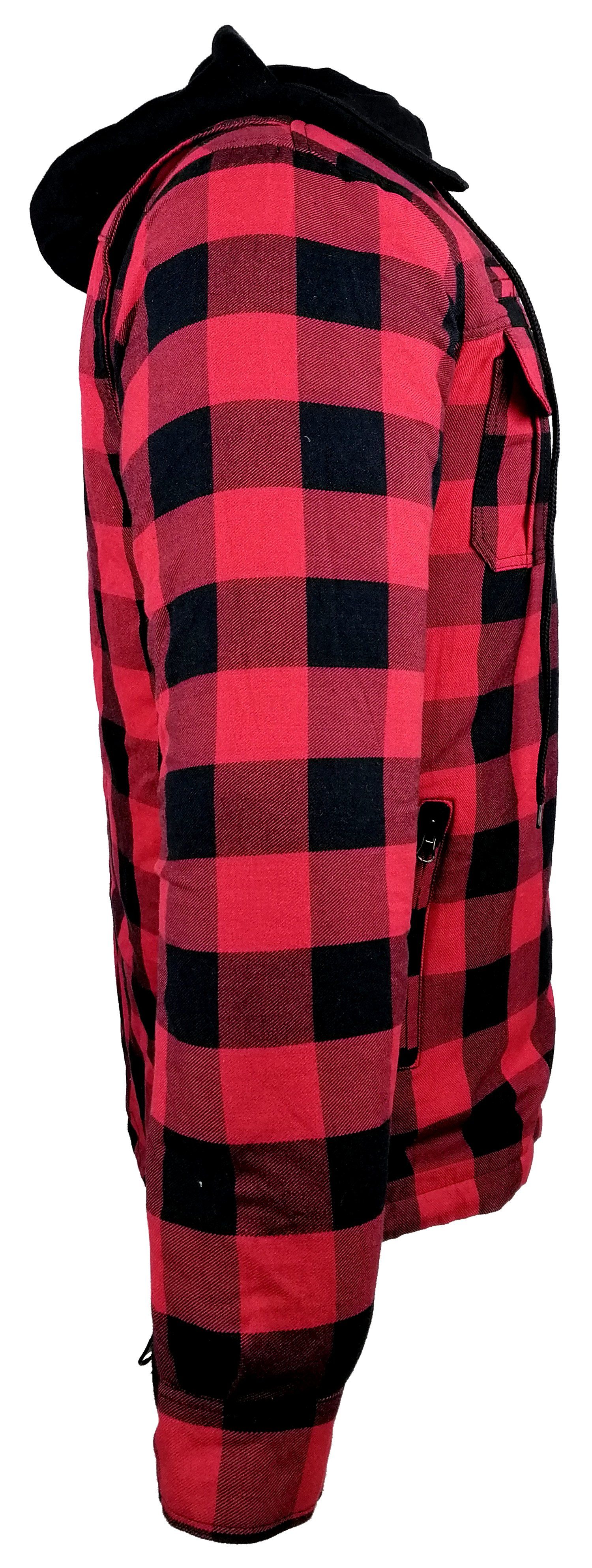 Alpha Speeds Motorradjacke Flanell-Holzfäller Motorrad KEV ARAMID Shirt Lumber Biker Hemd PRO Rot (Wasserdicht & Winddicht & Atmungsaktiv + wasserdichte Reißverschlüsse) mit abnehmbare Kapuze & Innenjacke, All Season, inklusive Protektoren