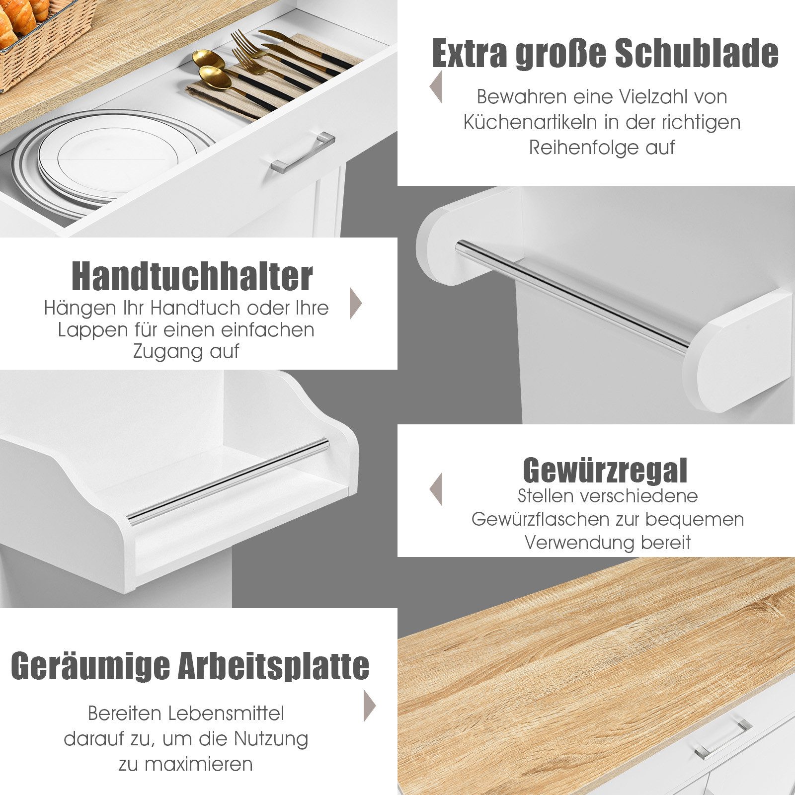 COSTWAY Küchenwagen Servierwagen mit Arbeitsplatte & Handtuchhalter, Rollen – Bild 4 von 5
