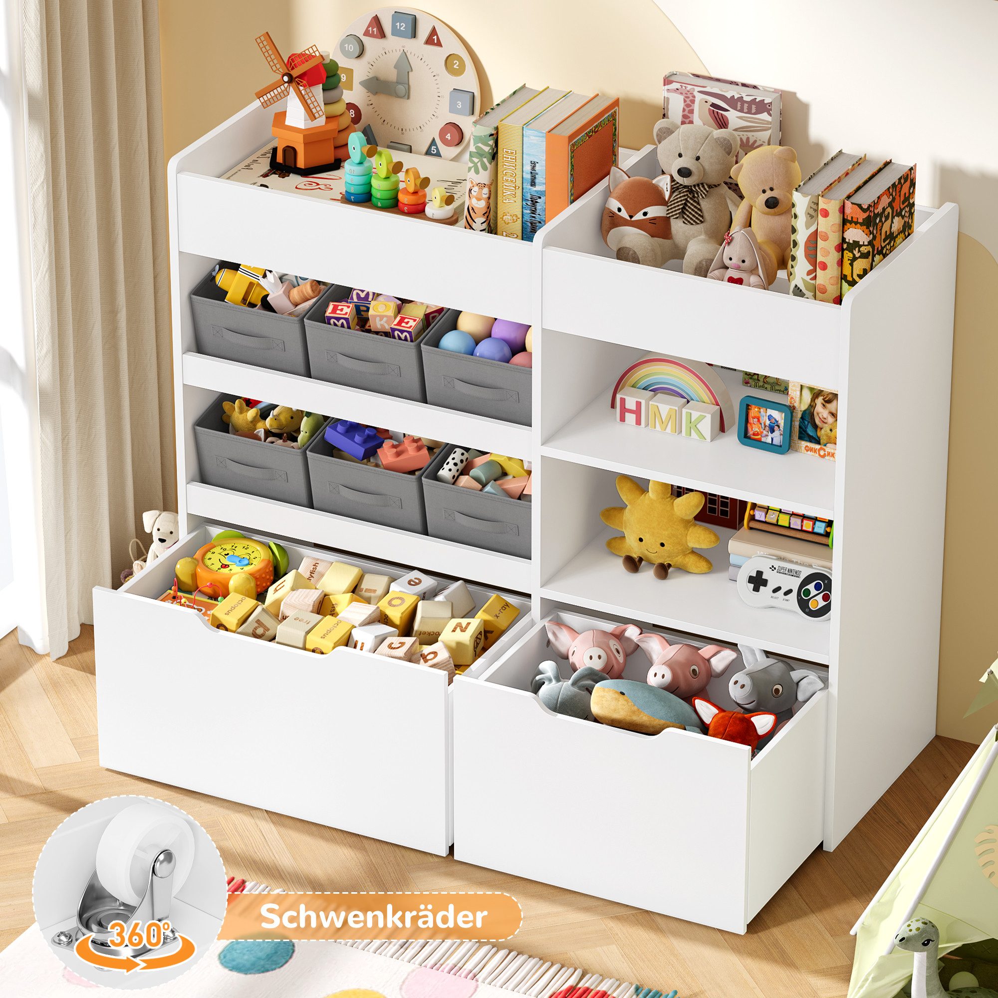 HOMECHO Kinderregal, mit 6 Boxen auf Rollen, Regal Kinderzimmer, Weiß, 108.6x88.5x30cm