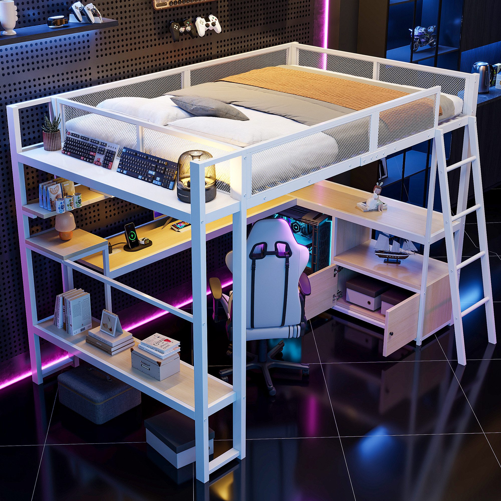 Odikalo Hochbett 140x200 Jugendbett mit Schreibtisch LED und Stauraum (Metall-Gaming-Hochbett (140 x 200 cm) mit integriertem Arbeitsplatz, LED-Beleuchtung und viel Stauraum)