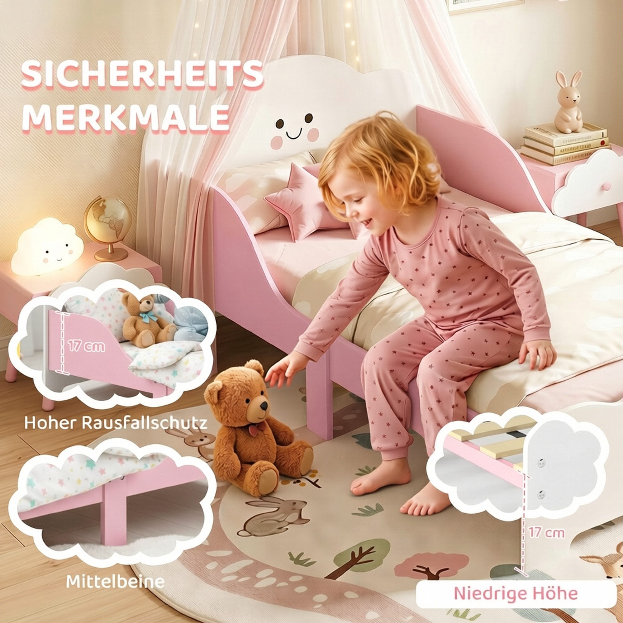 AIYAPLAY Kinderbett Kleinkindbett mit Rausfallschutz und Lattenrost, Jugendbett, Rosa (Einzelbett, 1-tlg., Bett mit Schutzgitter, ohne Matratze), Montessori-Bod – Bild 5 von 5