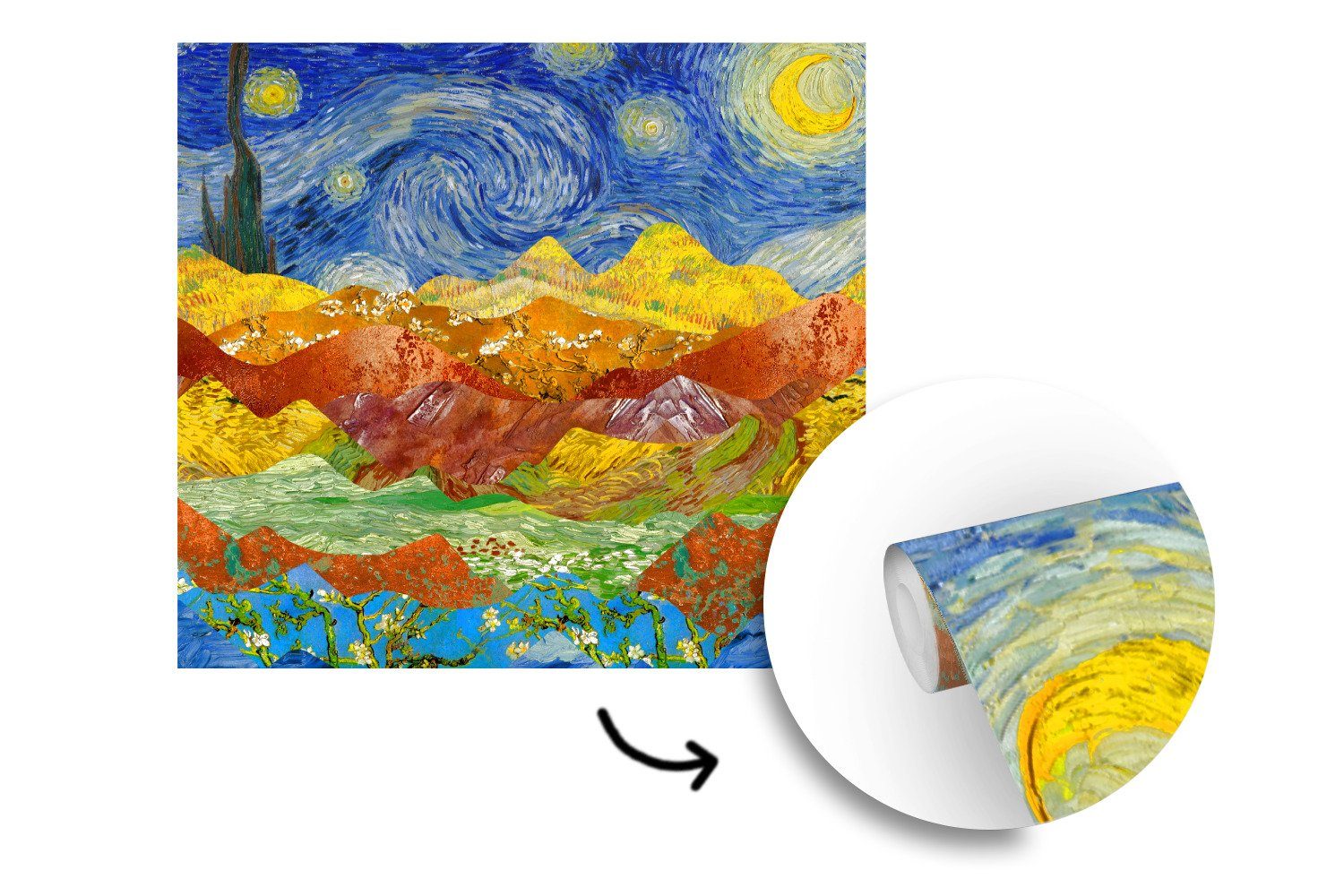 Tapete Meister, Vinyl Gogh oder Fototapete - (5 bedruckt, - St), Sternennacht Alte Wandtapete Matt, Wohnzimmer Schlafzimmer, für Van MuchoWow