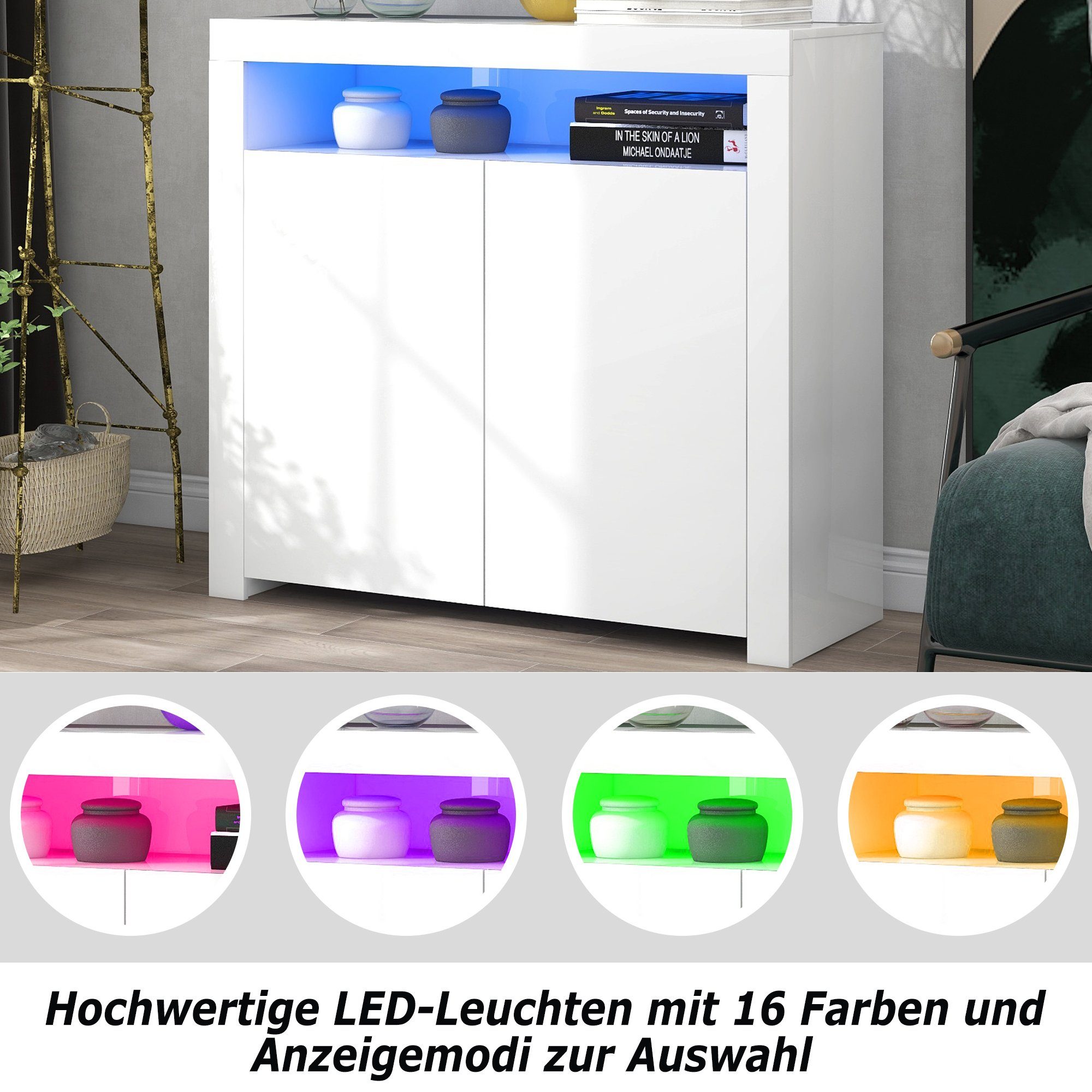 Merax Kommode Bifrost, Sideboard in Hochglanz weiß mit LED-Beleuchtung inkl. Fernbedienung