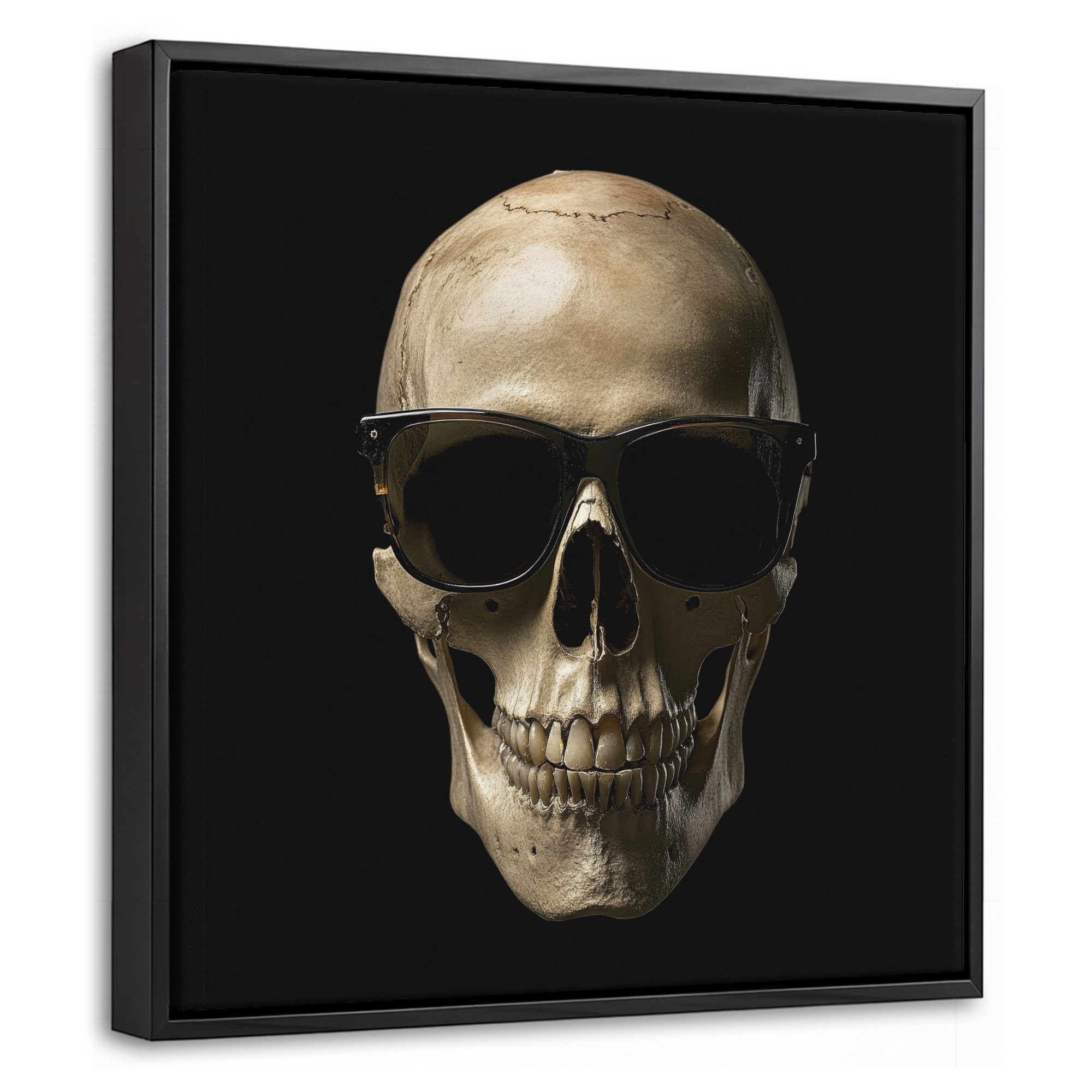 OneMillionCanvasses® Leinwandbild mit Rahmen - Skelett - Sonnenbrille - Zähne - Totenkopf - Schwarz, Fotodruck (1 St), Leinwand Bilder Klein, Wand Dekoration Aesthetic 20x20cm