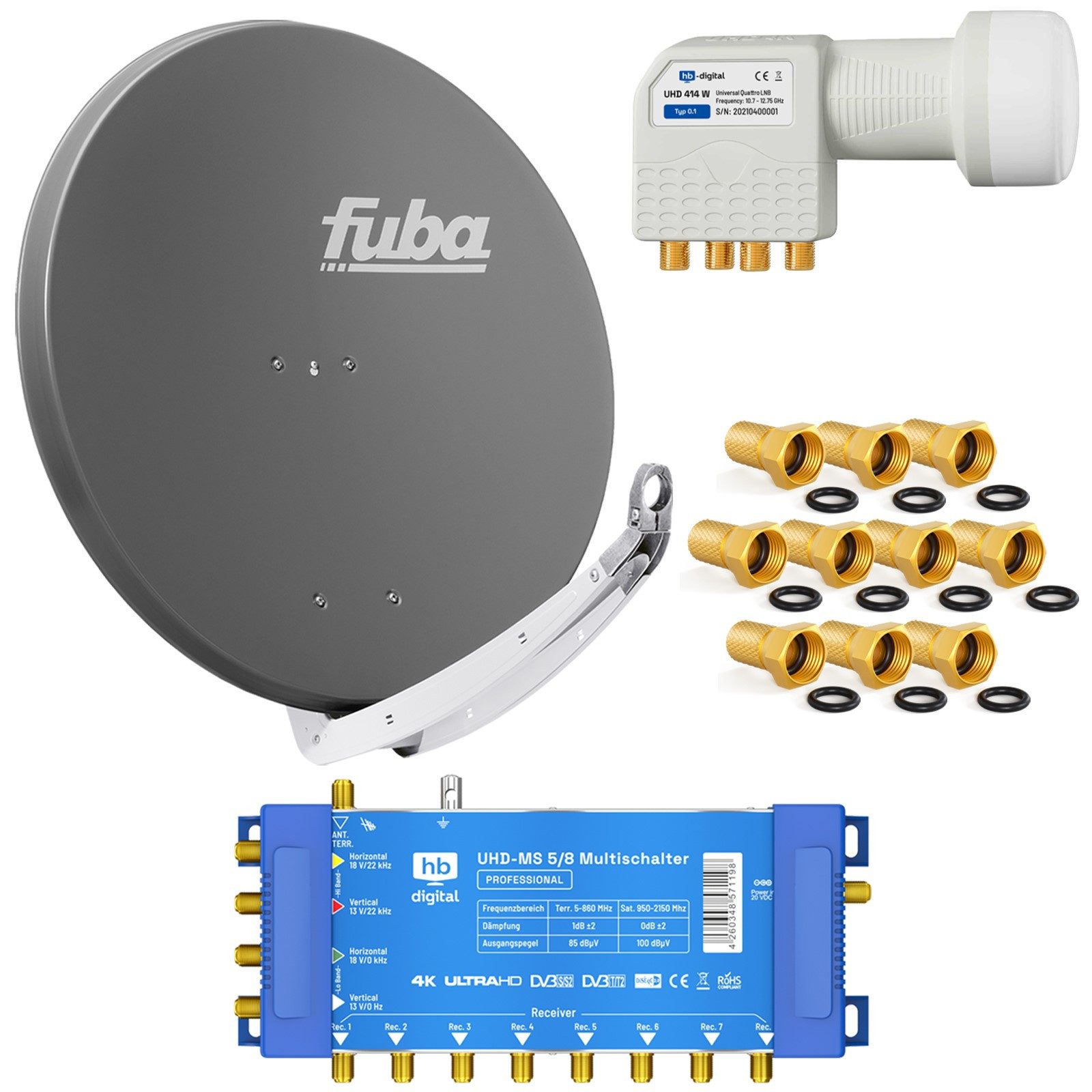 HB-DIGITAL Satellitenschüssel Fuba DAA 85cm Alu Anthrazit MS 5/8 LNB Quattro SAT-Antenne (85 cm)