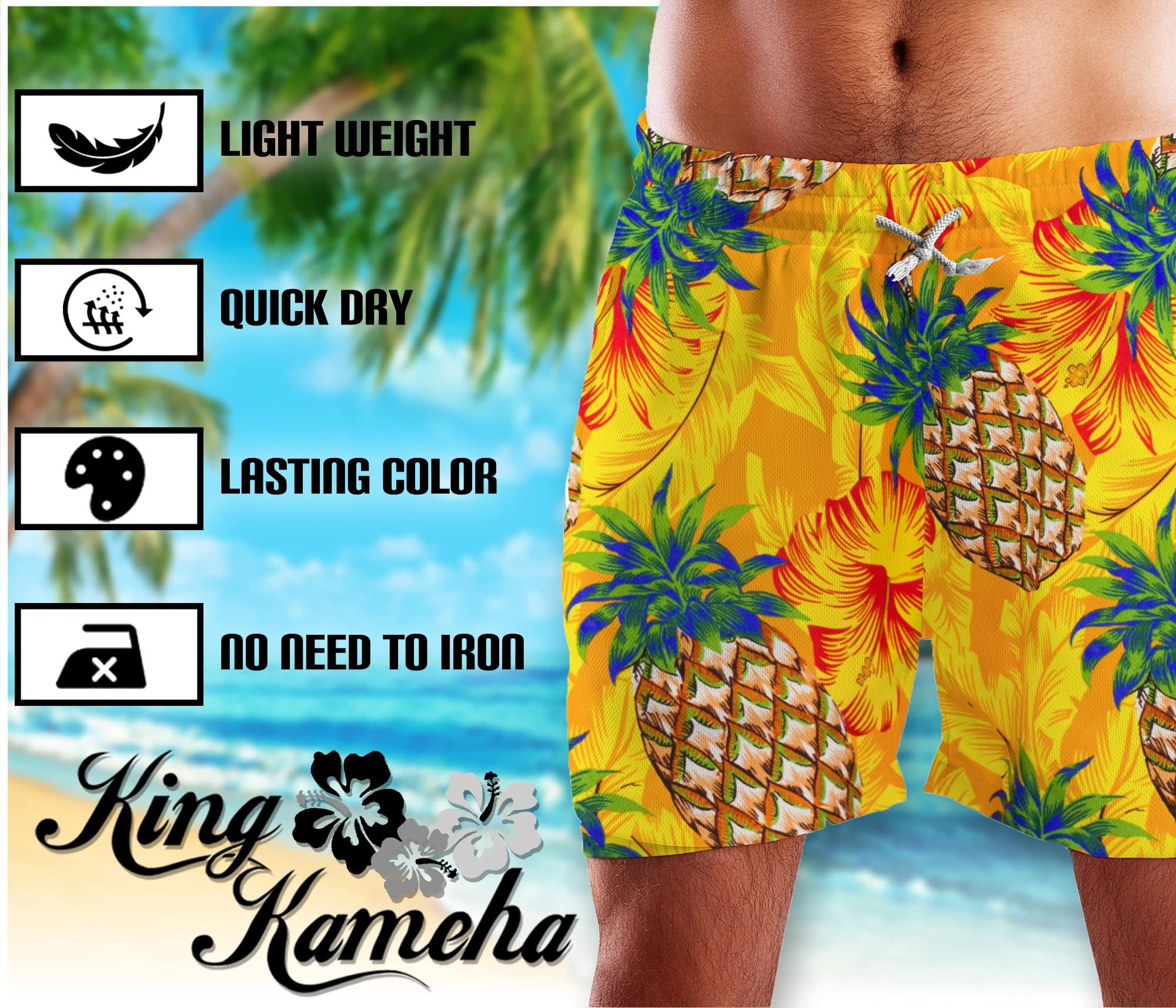 King Kameha Badeshorts Pineapple Hibiscus Hawaii Bade-Shorts Mesh-Einsatz Kordelzug Mit integriertem Mesh-Innenslip für extra Komfort
