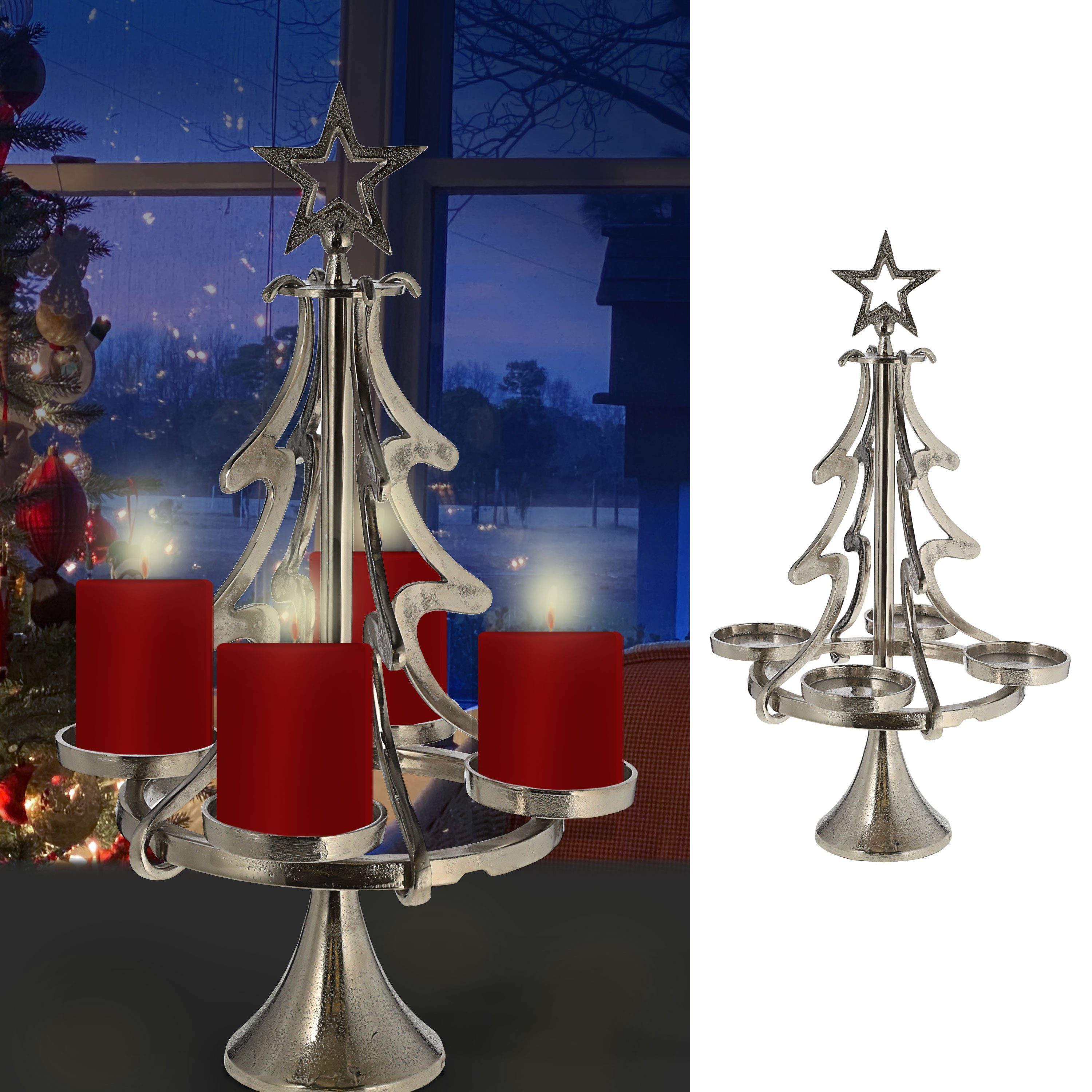 CEPEWA Adventskranz Adventsleuchter Tannenbaum H55cm silber Metall  Kerzenhalter