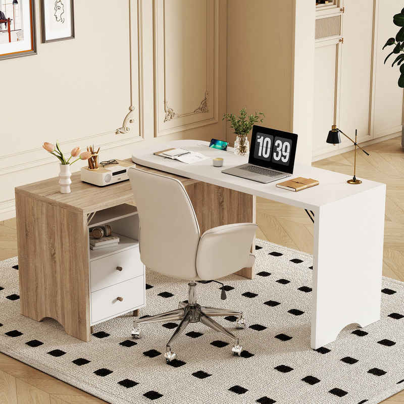 HYTIREBY Eckschreibtisch L-förmiger Schreibtisch mit Aufbewahrungsschrank,Computer-Schreibtisch, Moderner Schreibtisch,Langer Schreibtisch(Holz&Weiß)