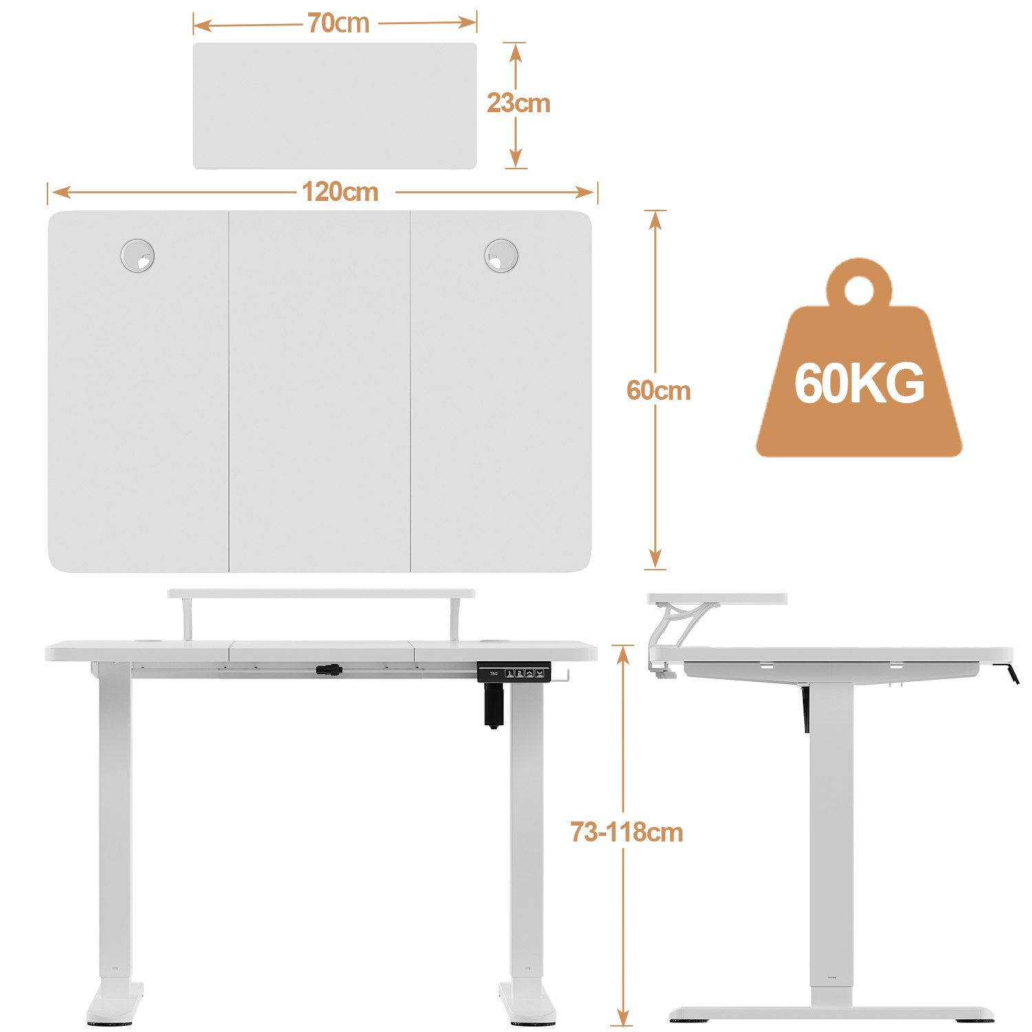 HOMALL Schreibtisch Schreibtisch Höhenverstellbarer mit Gedächtnis und Sitzerinnerung (120x60cm Weiß elektrisch, leiser Motor, Höhenspeicher, Monitorhalterung, Absturzschutz, 73–118cm, 70kg Tragkraft)