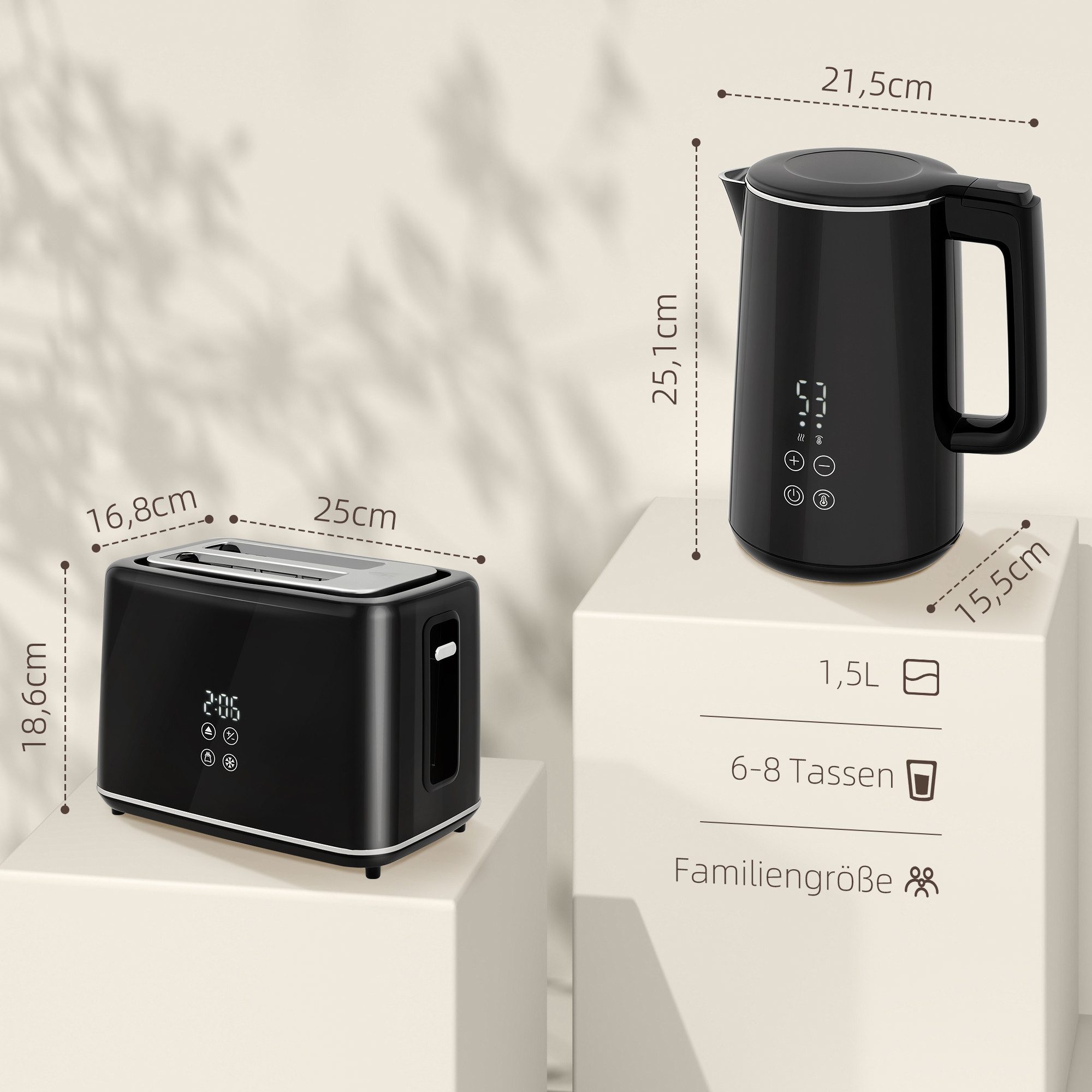 HOMCOM Toaster Wasserkocher Set Edelstahl 1,5L automatisch mit Abschaltung, 2 Schlitze, für 2 Scheiben, 2200 W, 7 Bräunungsstufen, schnelles Kochen, Schwarz – Bild 3 von 5