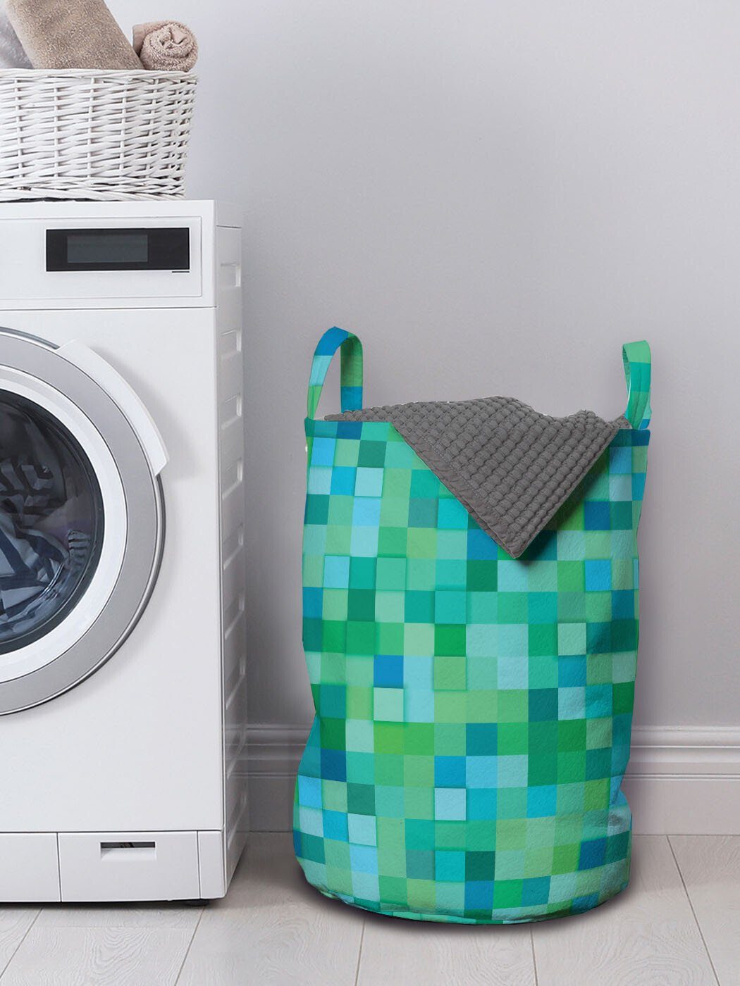 Wäschekorb Abakuhaus Teal Wäschesäckchen Würfel-Muster für Farbe mit Kordelzugverschluss Leuchtende Waschsalons, Griffen