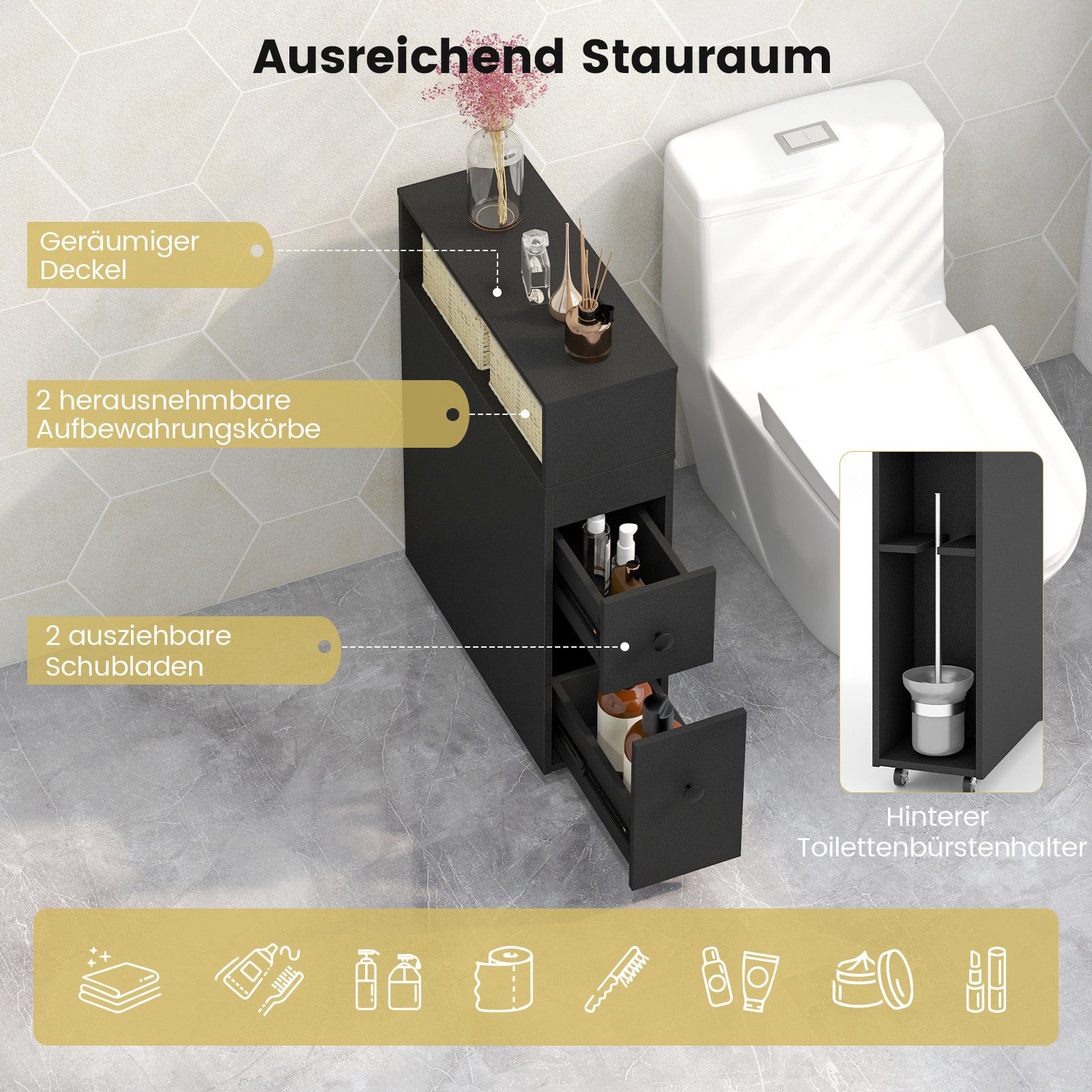 COSTWAY Badkommode, Nischenschrank, schmal, mit Rollen & Schubladen, weiß