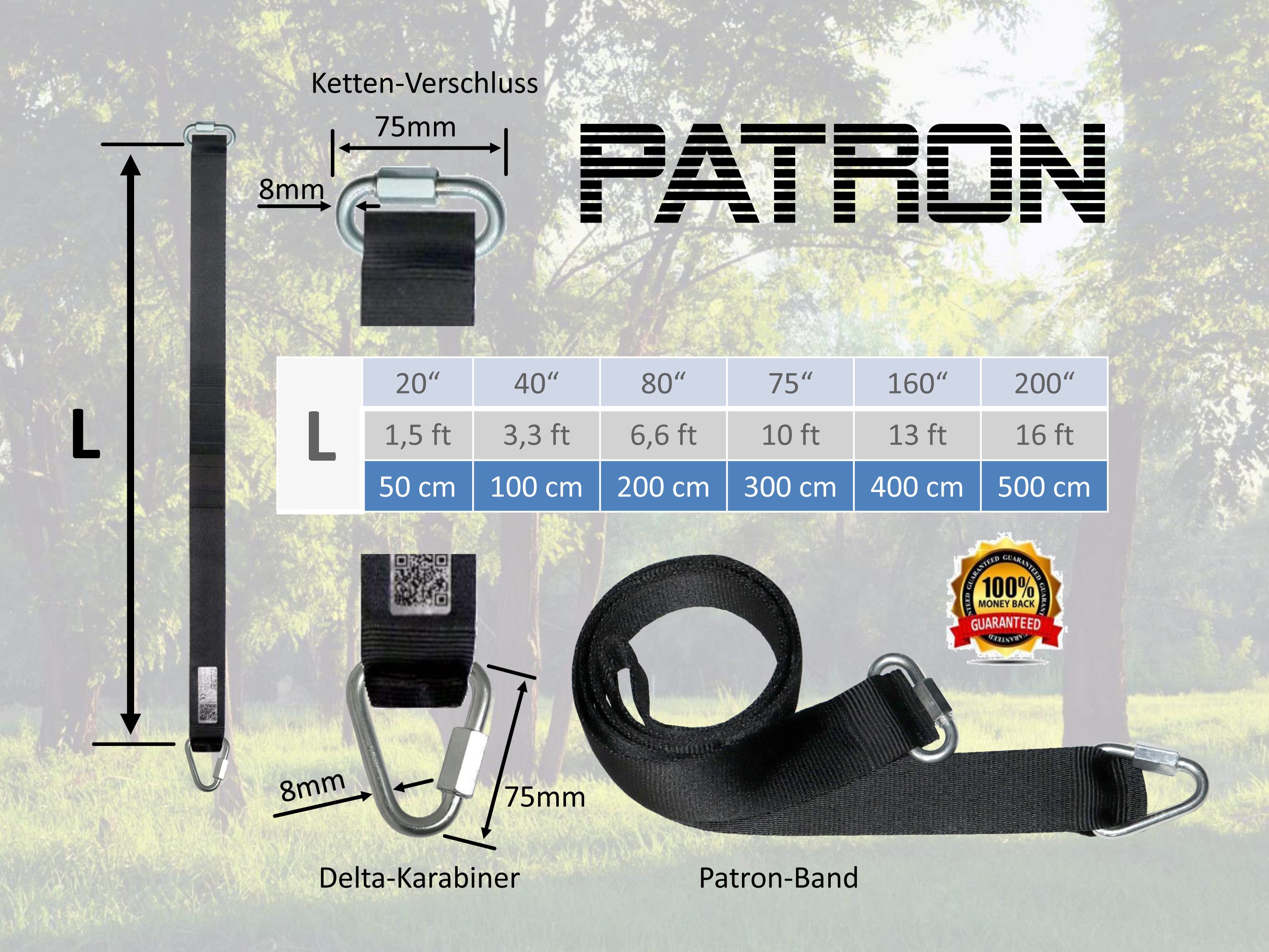 PATRON Schaukelhaken PATRON® Baumschlinge 1m Made in Germany 2 Karabiner Gratis Hightech