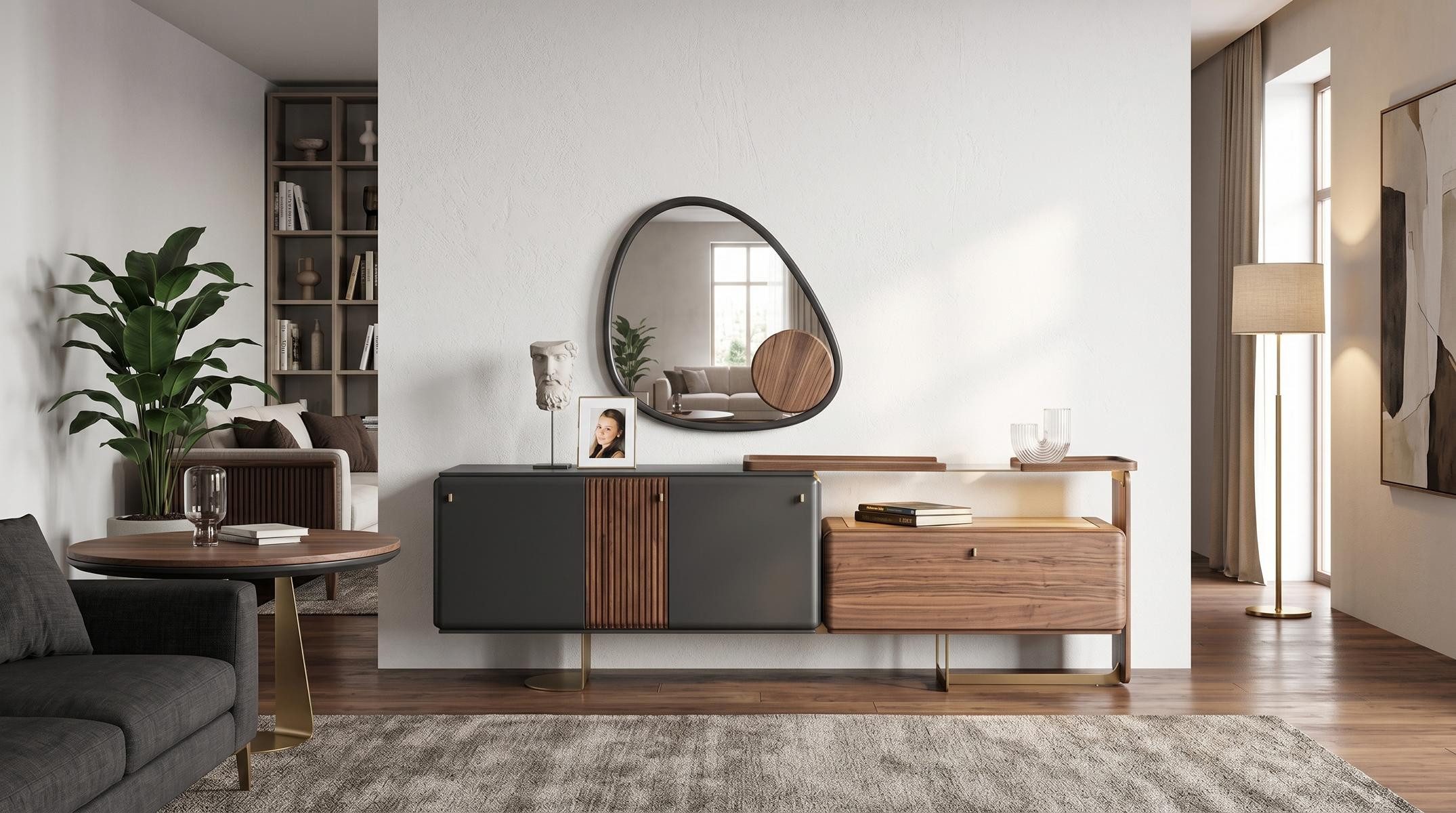 JVmoebel Dekospiegel Edler Dekospiegel fürs Esszimmermit Holzdetail und Grau Designrahmen, Made in Europa