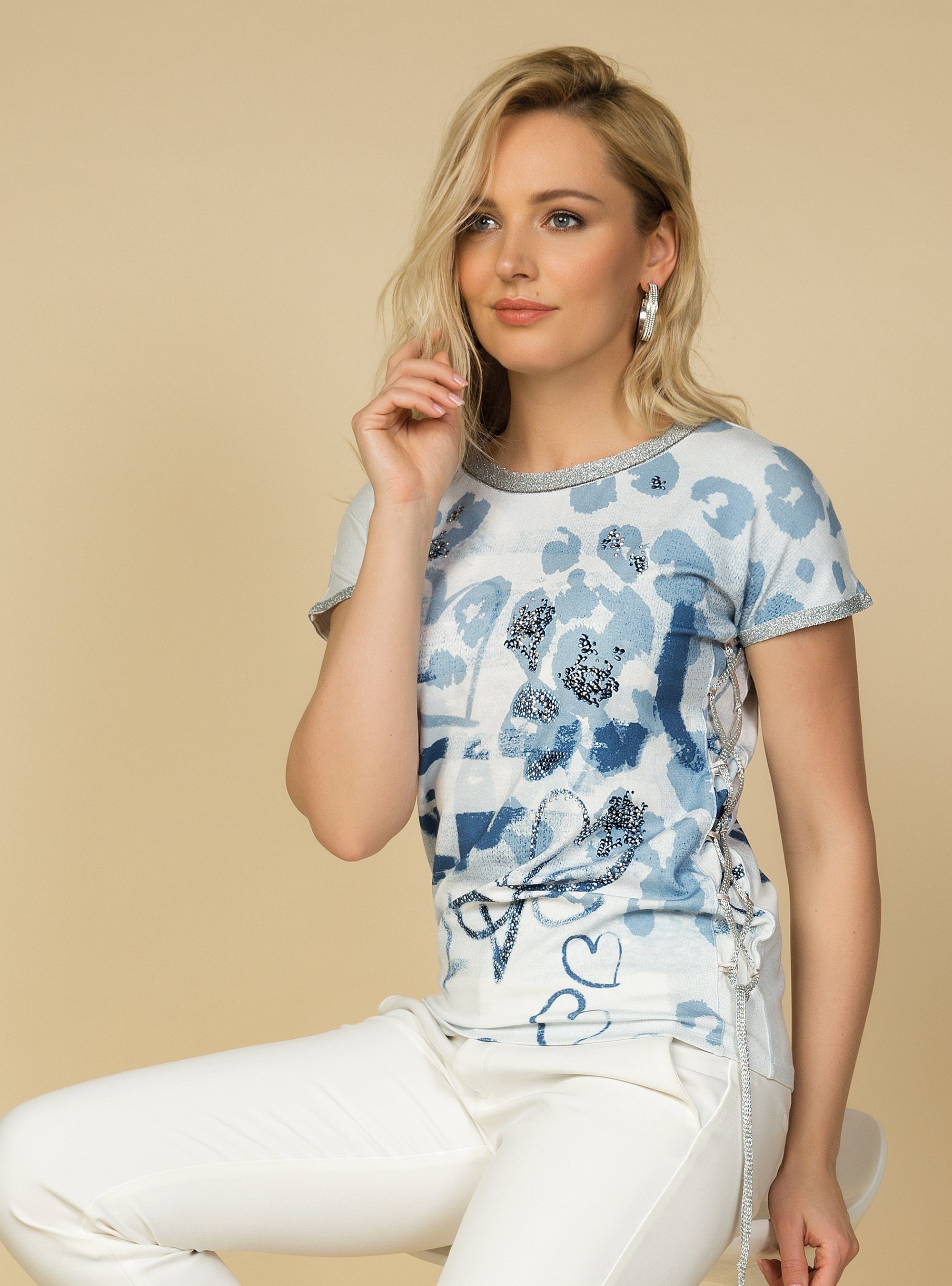 Passioni Print-Shirt Bedrucktes T-Shirt mit Lurexkante und Steindekoration T -Shirt mit Print
