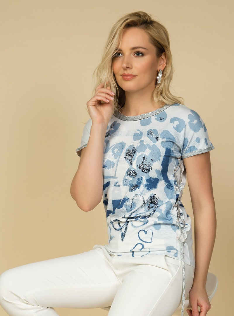 Passioni Print-Shirt Bedrucktes T-Shirt mit Lurexkante und Steindekoration T-Shirt mit Print