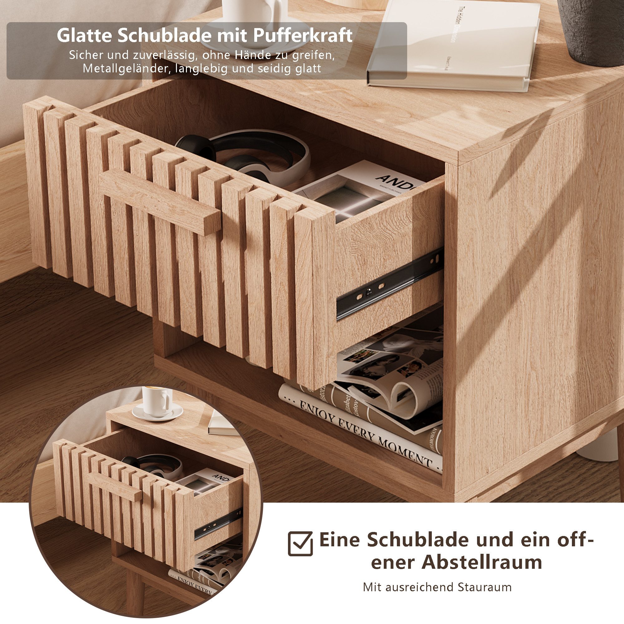 Simurq Nachttisch 2er Set Beistelltisch Nachtschrank mit 1 Schublade 1 offenes Fach (2-St., Boho Nachttisch Kommode Rillenmuster-Design), 40 x 35 x 55cm, für Sc – Bild 3 von 5