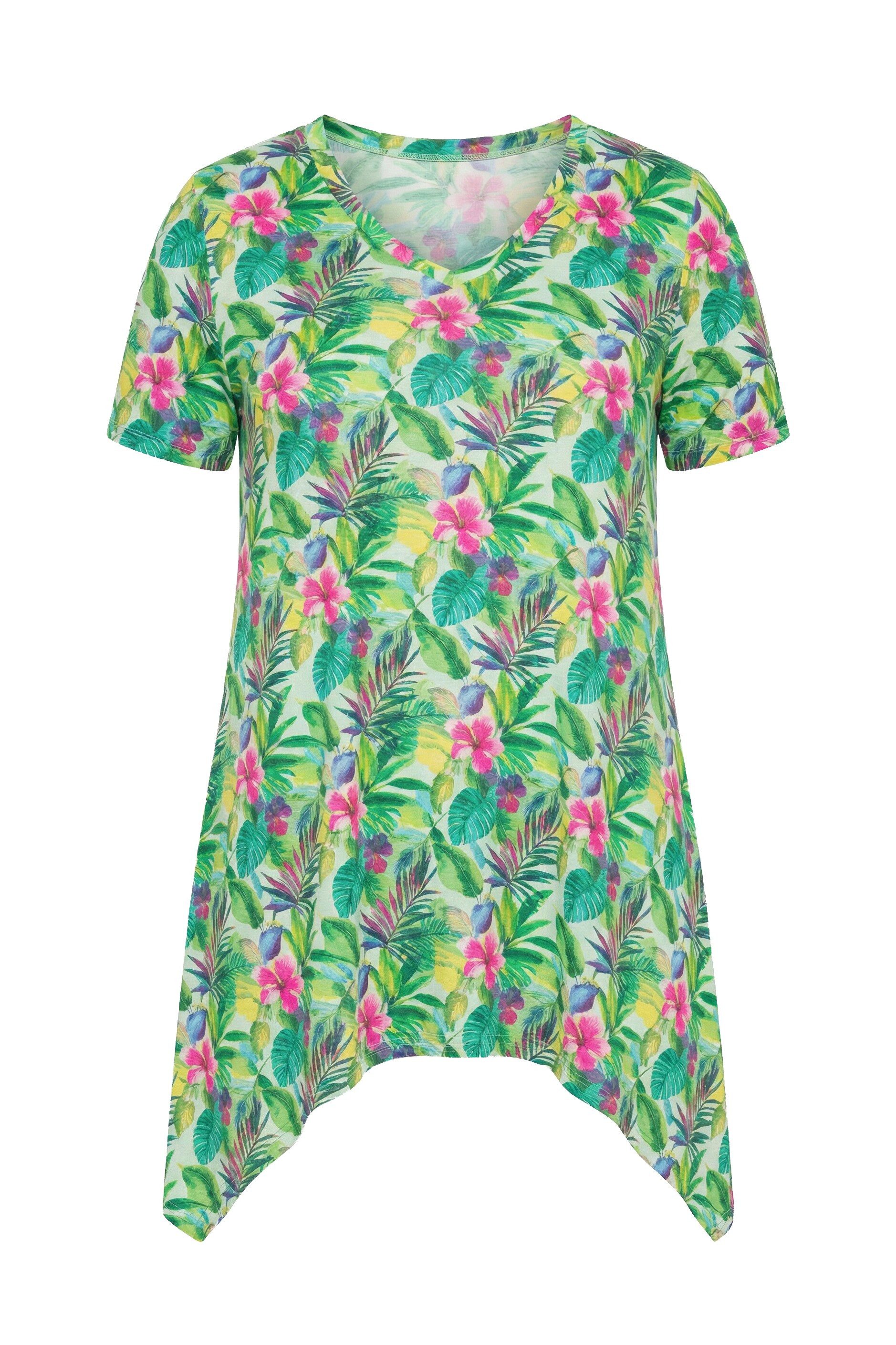 T-Shirt T-Shirt exotisches Blumenmuster Zipfelsaum